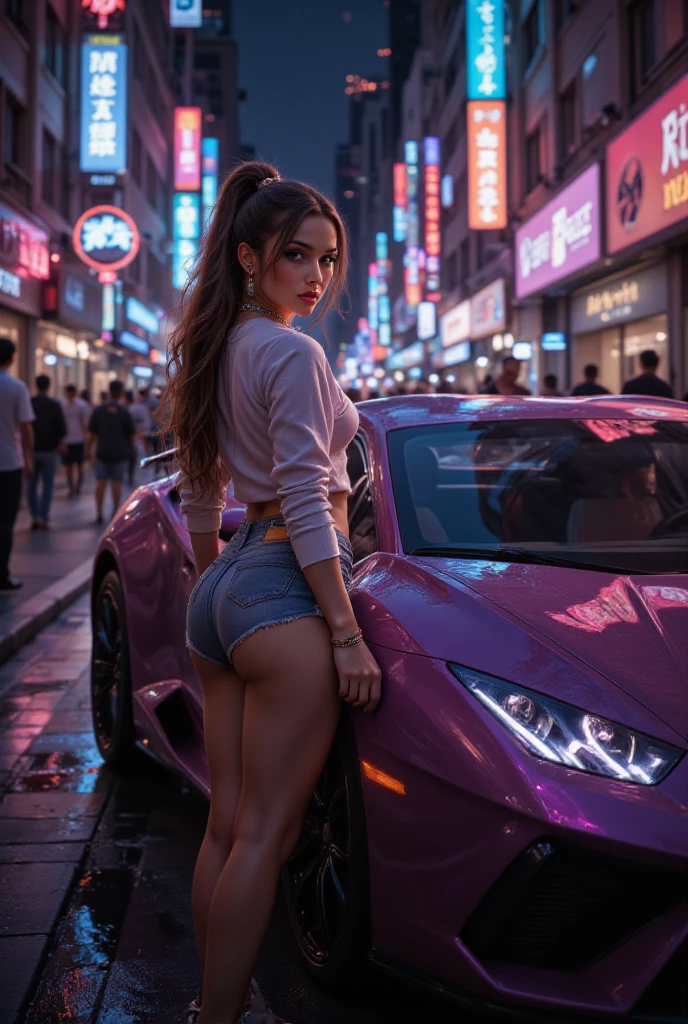 a miss bikini that is looking at her modern cell phone, hyper detailed face, happy smile, artwork in the style of guweiz, hyper-realistic cyberpunk style, realistic digital art 4k, realistic digital art 4k, beautiful digital artwork, photorealistic artstyle, beautiful girl in mix pink and purble hoodie, stunning digital illustration, classic style, hyperrealistic, realistic artstyle, dreamy fantasy girl, unbelievable, max resolution, 48K
