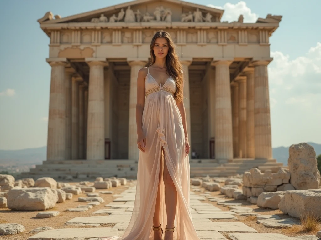 (Full body:1.5) (1girl in:1.3), (view the viewer:1.4), (anatomy correct:1.4), (Long legs:1.3), (extremely detailed eyes and face 1.3) (RAW photo, nikon, 8k, Super detailed, advanced details, intricate details, Super detailed, realistic lighting), (award winning photo) hyper HD, award-winning, Face lighting, masterpiece, absurdres, award winning photo, extremely detailed, amazing, fine detail, (anatomically correct, High precision human body, highly detailed face, realistic skin, (photo-realistic) Ray tracing, reflective light, Structurally correct, golden ratio, golden mean Background: High contrast lighting, in the ruins of a greek temple, ancient ruins, ruins on an island, with the ocean in the background style: greek goddess statue, Aphrodite, fine nude, artistic composition, sophisticated, erotic nude, . In the style of a greek goddess. siren, seductress. greek godess in a sheer scraps of silk flowing revealing her body, see through. (wearing sheer see through very very very thin silk robe that shows the colour of her tanned skin through the very very thin fabric, waering golden jewellery on her arms and neck and wrists and fingers) by lee jeffries nikon d850 film stock photograph 4 kodak portra 400 camera f1.6 lens, rich colors, hyper realistic, lifelike texture, dramatic lighting, cinestill 800 tungsten, beautiful woman , A portrait of a beautiful half-asian, mixed asian-european, bronze skin, woman with hair in black curls and coils, and grey eyes ((rear view)) ((photo shot from behind)) ((back to camera)) beautiful spine and bare shoulders,  dress split all the way up, dress attached to a collar, ((dress open at the back)) (( off the shoulders))