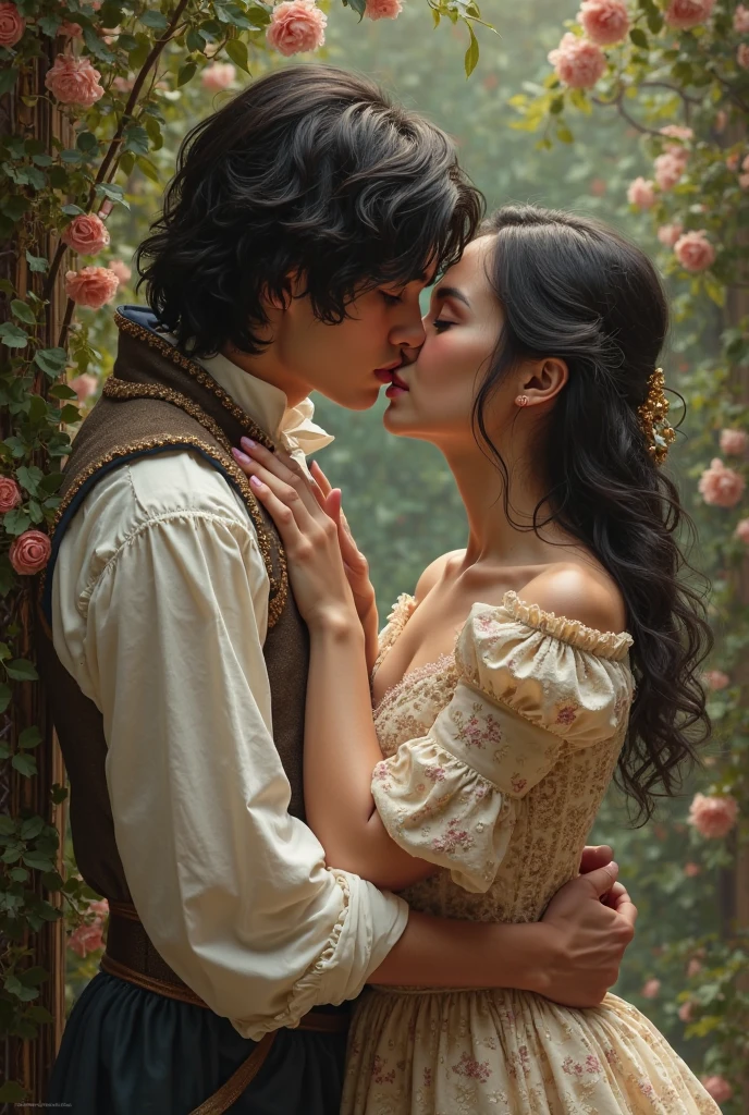 ((Best quality)), ((masterpiece)), (detailed), ((perfect face)), ((face focus)) "A young couple, dressed in 19th-century attire, sharing a kiss."