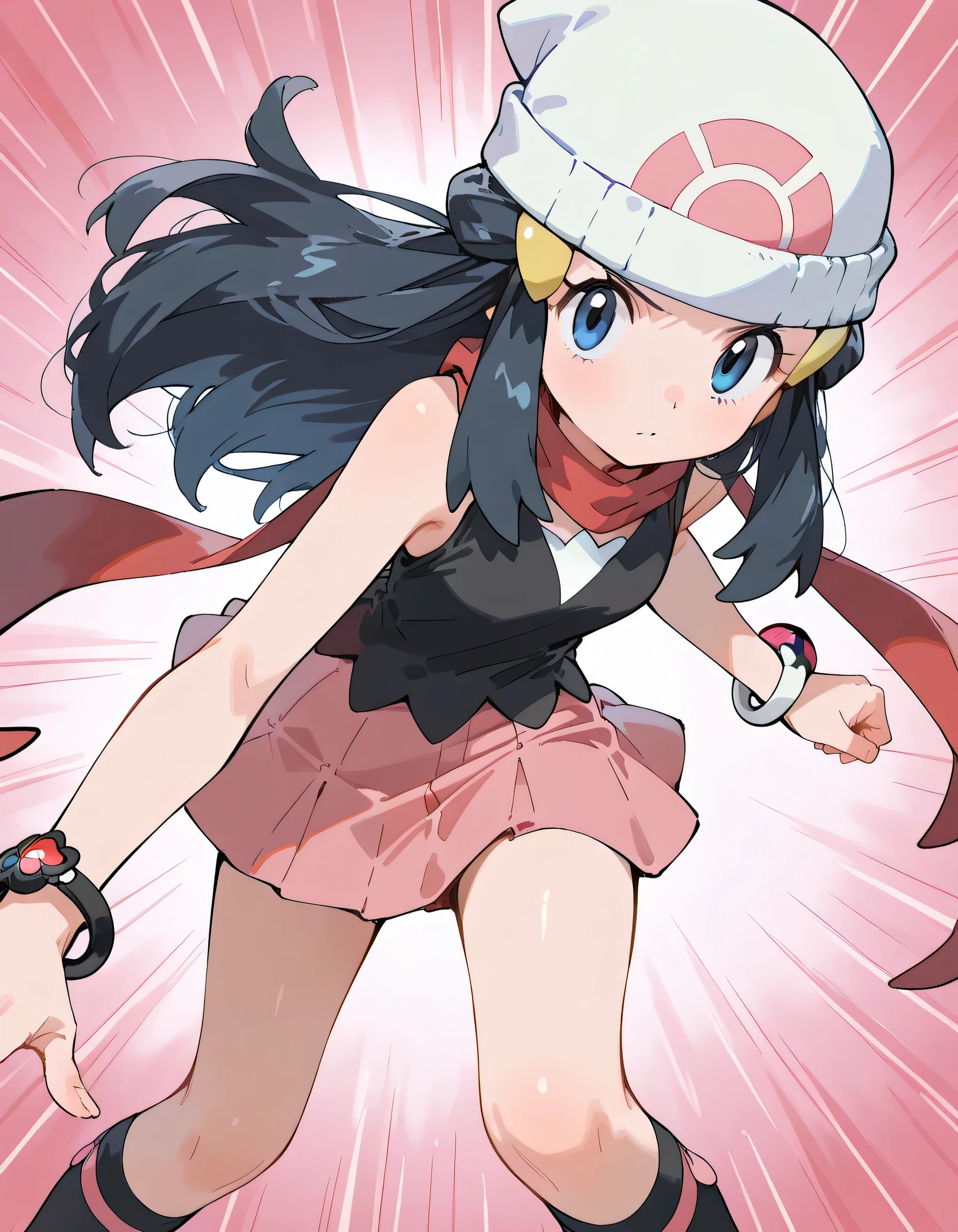 (dynamic angle,dynamic pose),(looking at viewer),Alone, old,natural cosmetic, pokemondawn, pokemon dawn, black hair, blue eyes, sidelocks, long hair,
bare shoulders, beanie, black shirt, black socks, bracelet, hat, jewelry, kneehighs, miniskirt, pink skirt, red scarf, scarf, shirt, skirt, sleeveless, sleeveless shirt, white headwear,I am the star:1.3,(flat color beautiful pokemon monsterball background),memorial shot+,Nostalgic scene,