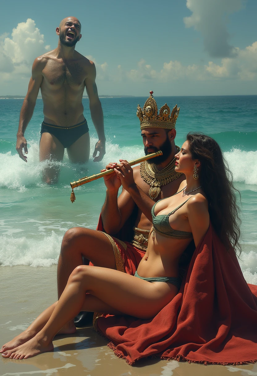 A handsome handsome man without a shirt wearing golden pants with a hat sitting on a king's chair, thin white skin in the desert, a desert palm tree behind a lake and a peacock with two leopards at his side, a rug under his feet, two men are looking at him, blowing on him with the palm leaf and a woman is dancing for him in front of him
