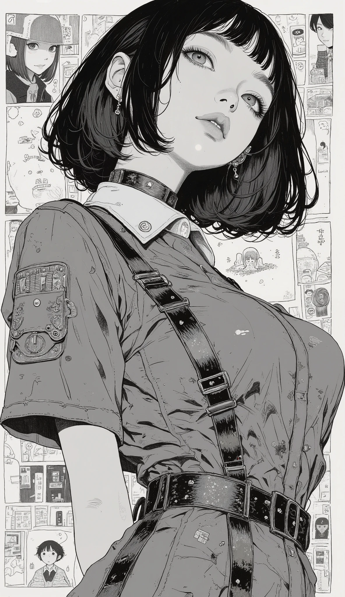 Japanese Manga Collage、Taiyo Matsumoto 、 manga frame split、 comic cover、short sauvage hair、Cartoons of women working in the military、Army uniform、black hair shortcut、full bangs、 Bold Composition 、black and white、 screen tones 、