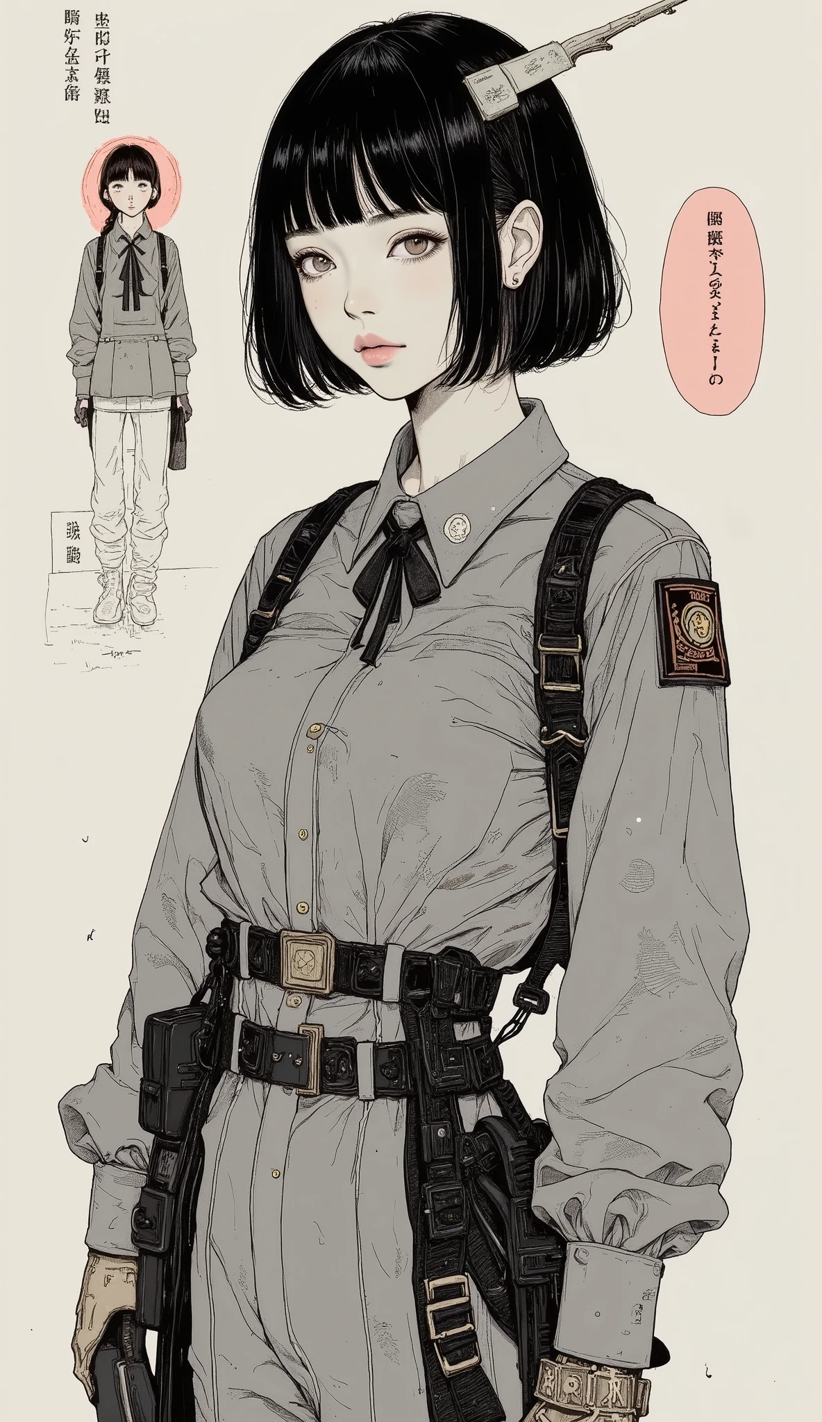 Japanese Manga Collage、Taiyo Matsumoto 、 manga frame split、 comic cover、short sauvage hair、Cartoons of women working in the military、Army uniform、black hair shortcut、full bangs、 Bold Composition 、black and white、 screen tones 、