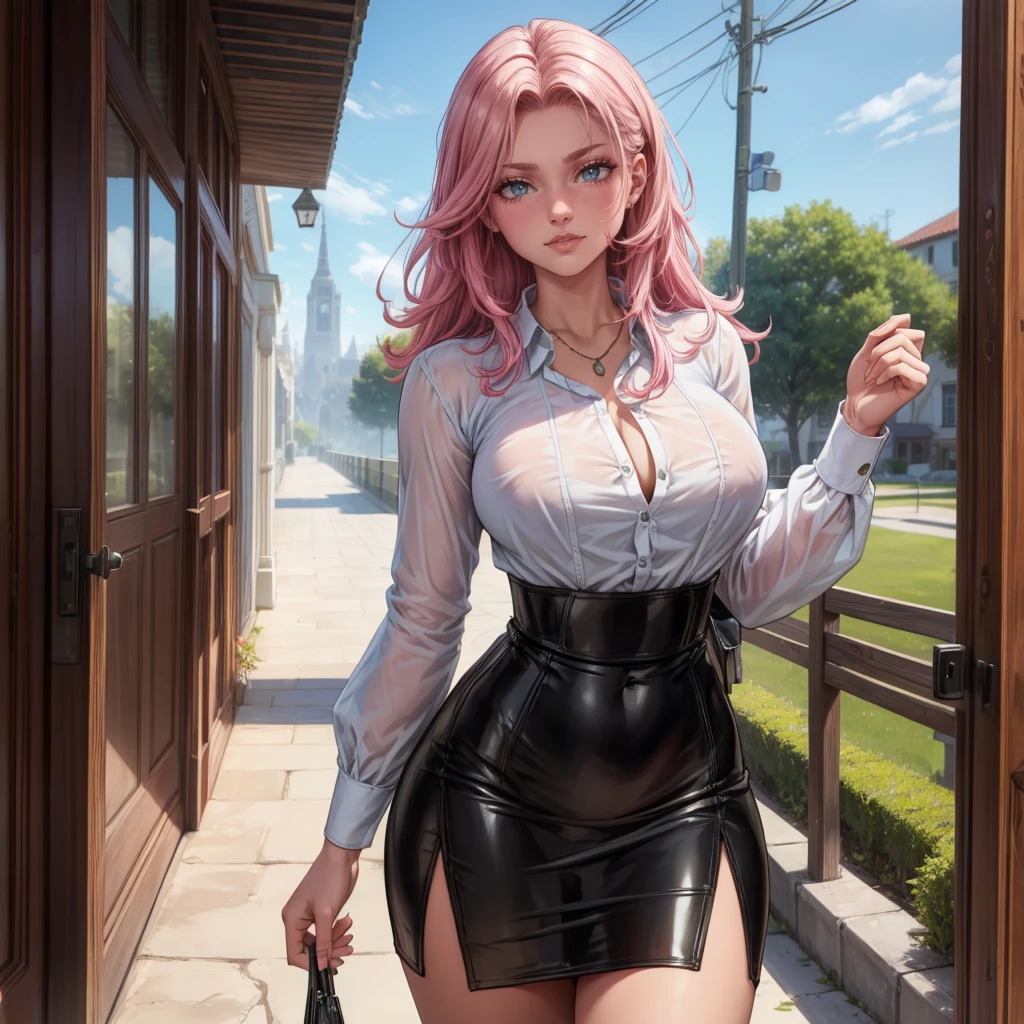 (best quality:1.5, highres, UHD, 4K, detailed lighting, shaders), white curly haired, gradient hair, large breasts, suit, gray shirt, social shirt, short skirt, mature woman , (pov), white background, colorful eyeshadow, dramatic lighting, sparkling eyes, sensual expression, golden earrings, delicate facial features, dark skin, high cheekbones, raining, urban setting, white background, dont look for the camera, lean forward, wet by the rain.