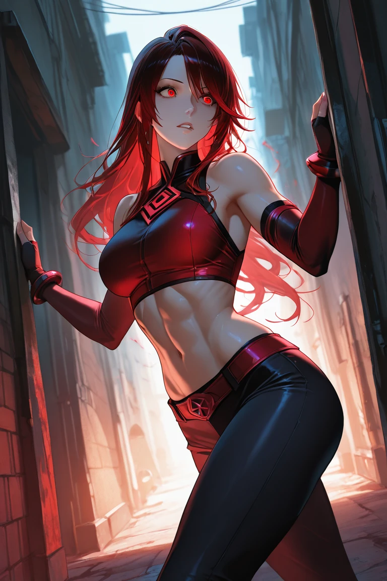 extremely long hair messy hair wavy hair hair between the eyes black hair yellow eyes pale skin upset muscular girl muscular girl muscular girl red hair with blue highlights green eyes 