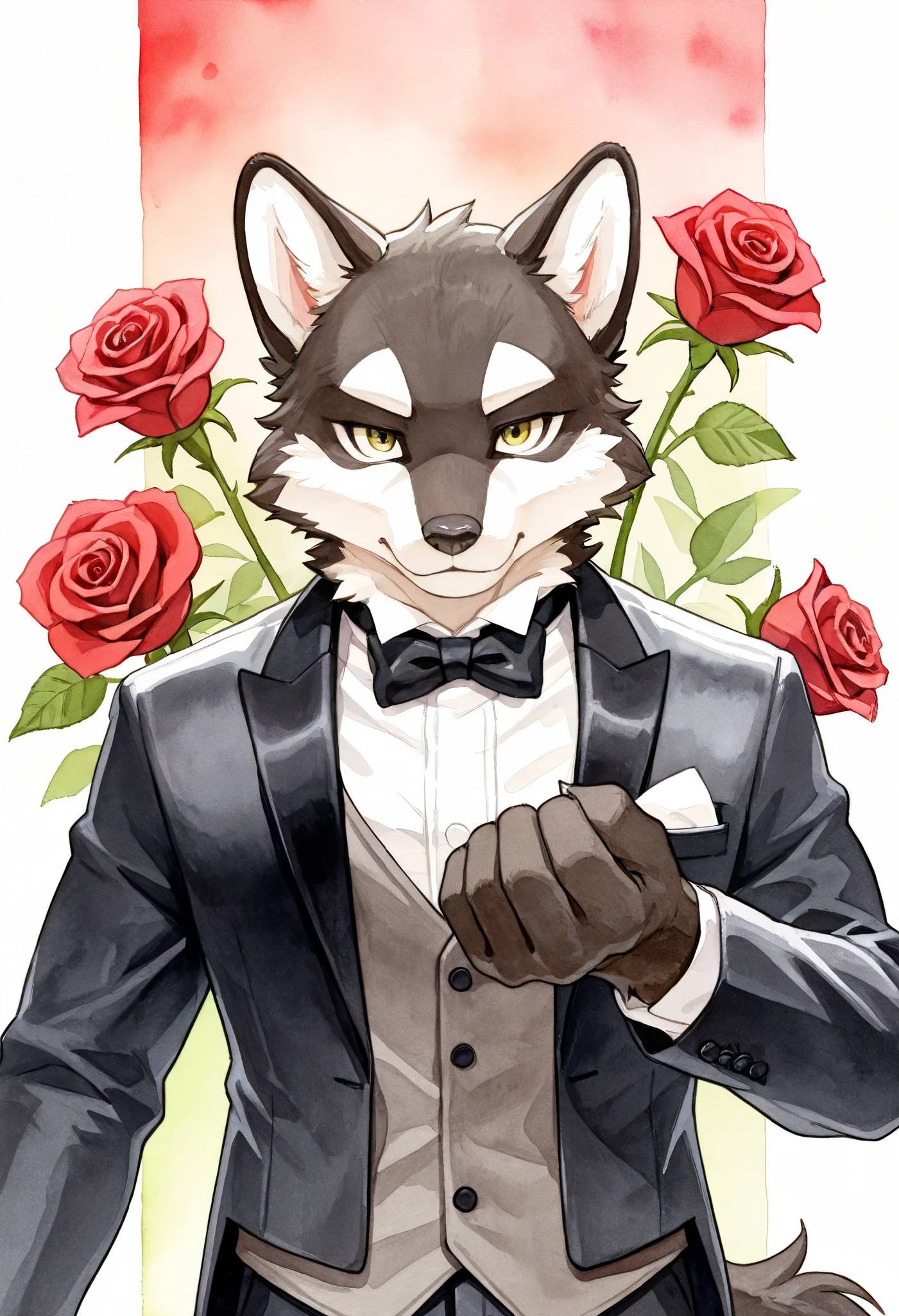 Watercolor elements, 1boy, kemono, furry, detailed body fur, animal face, animal hand, Handsome boy in tuxedo holding a red rose and looking at viewer,