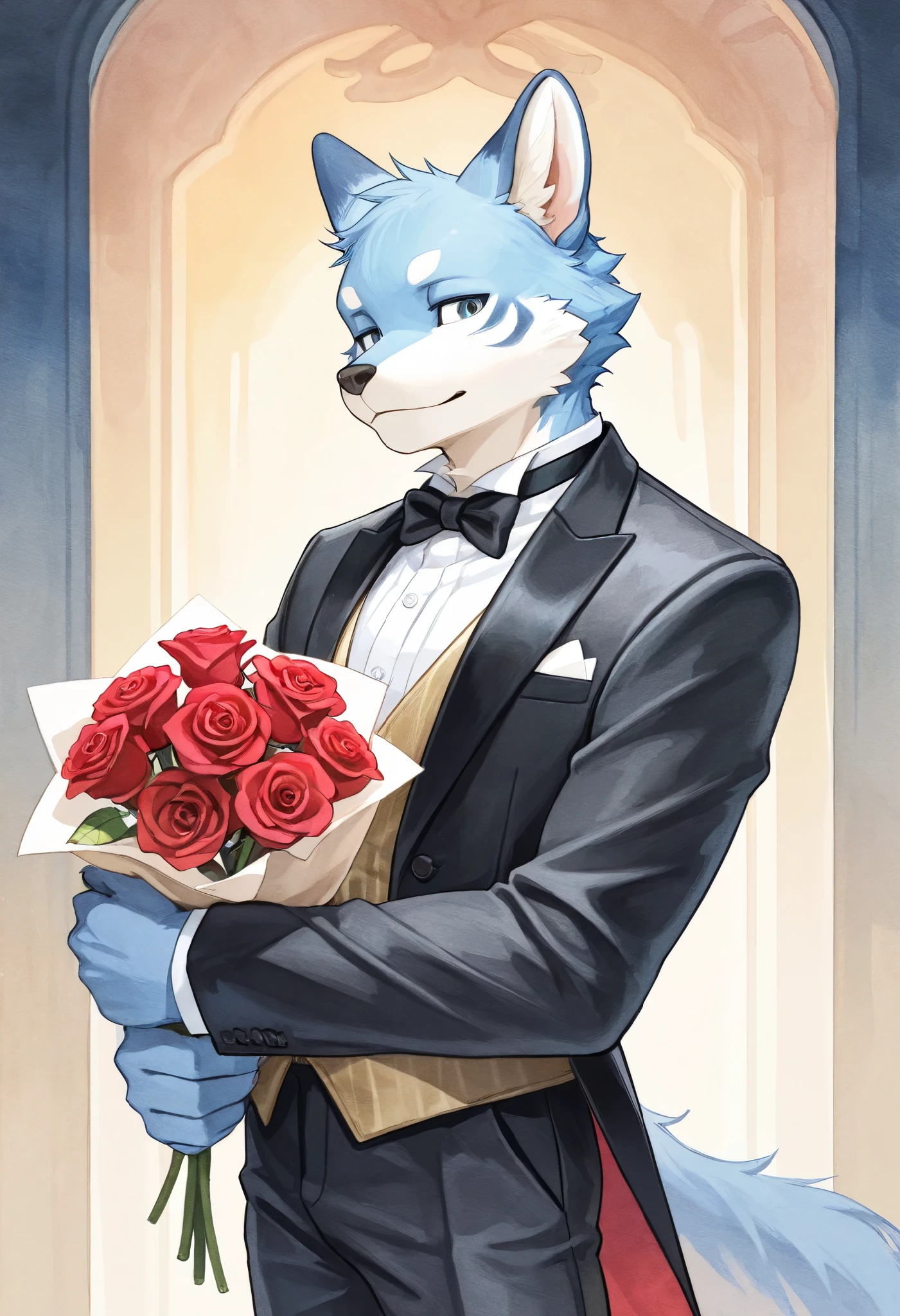 Watercolor elements, 1boy, kemono, furry, detailed body fur, animal face, animal hand, Handsome boy in tuxedo holding a red rose and looking at viewer,