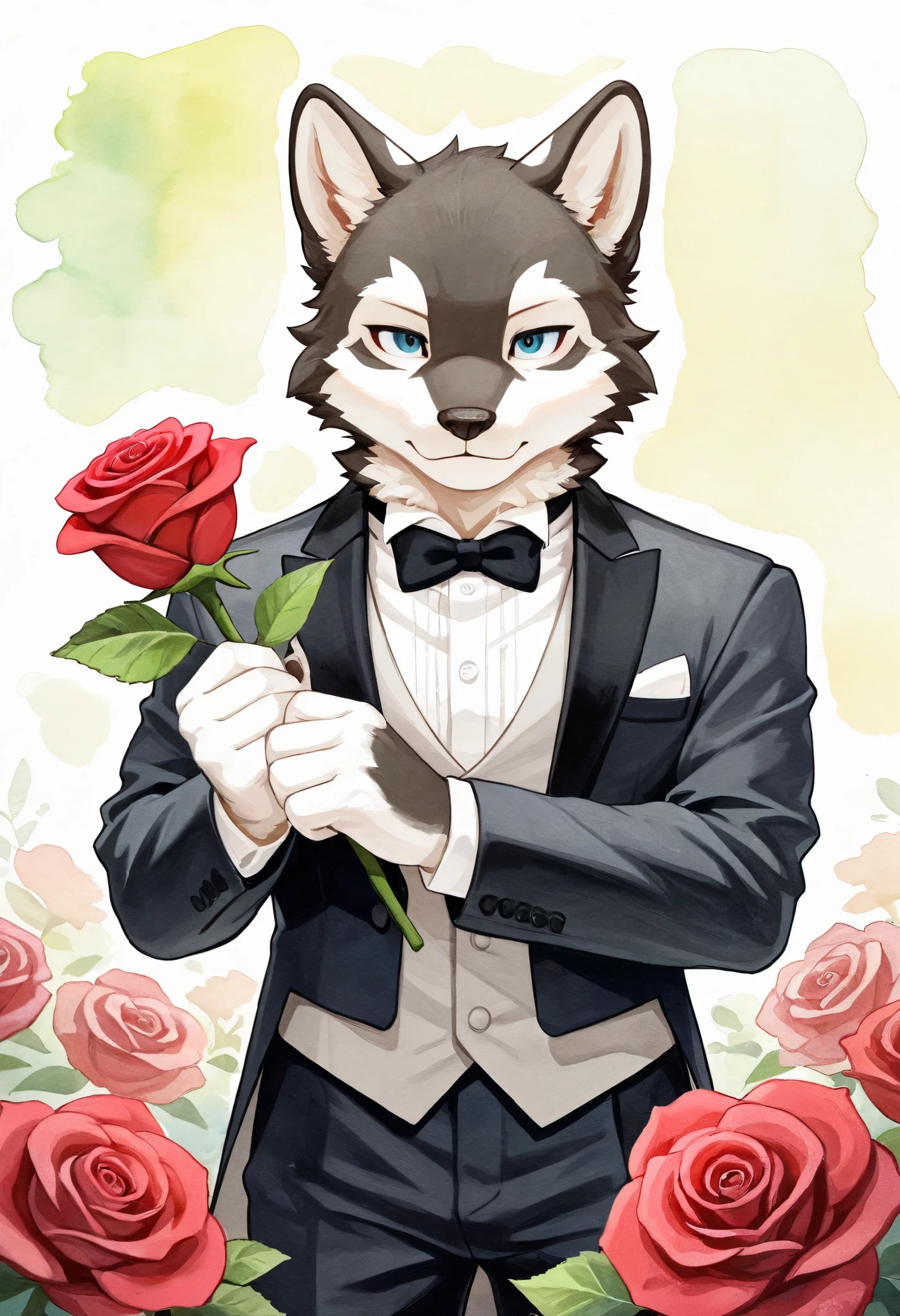 Watercolor elements, 1boy, kemono, furry, detailed body fur, animal face, animal hand, Handsome boy in tuxedo holding a red rose and looking at viewer,