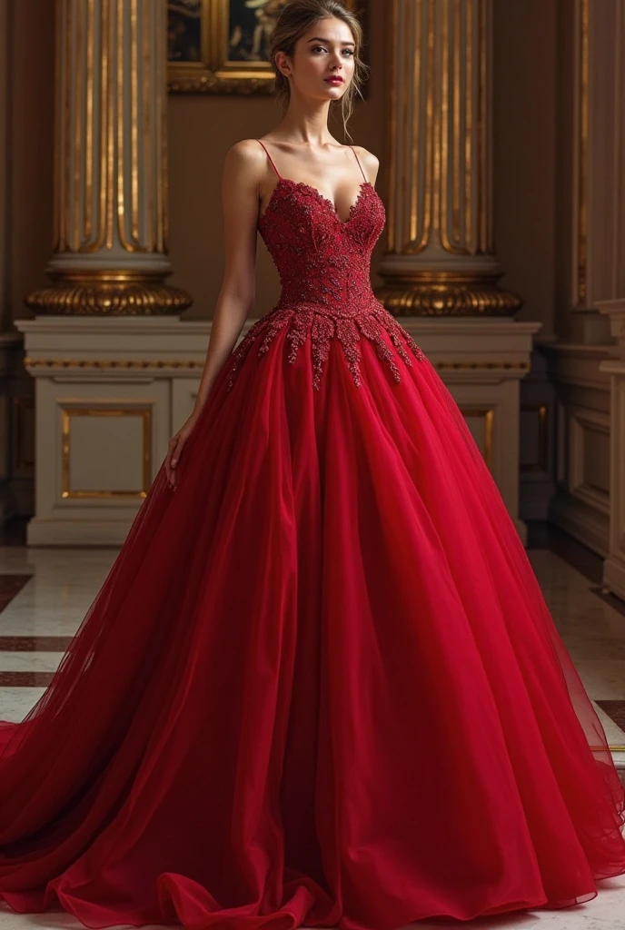 real, atmospheric scene, masterpiece, best quality, (detailed face, detail skin texture, ultra-detailed body) short small  beautiful ha1leest-smf red silk ball gown, hair up hairstyle, (dynamic pose:1.2),  eye contact,  (slender narrow hips), (slender thighs),  detailed eyes