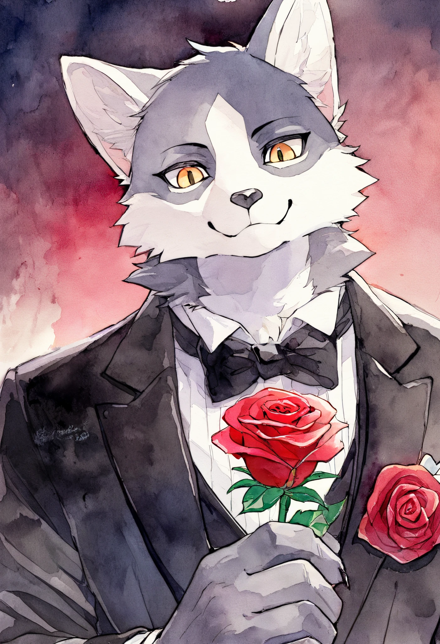 Watercolor elements, 1boy, kemono, furry, detailed body fur, animal face, animal hand, Handsome boy in tuxedo holding a red rose and looking at viewer,
