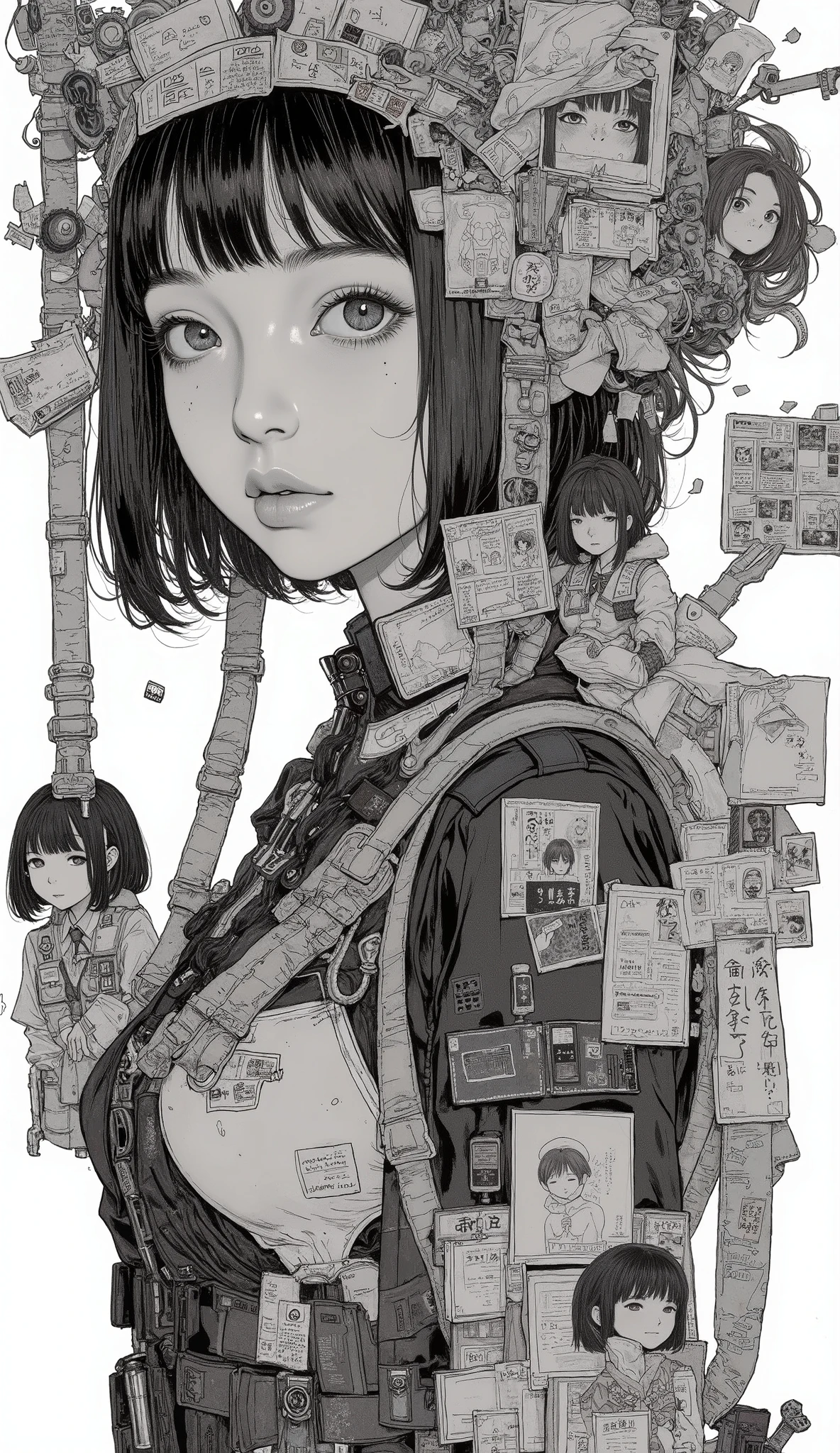 Japanese Manga Collage、Taiyo Matsumoto 、 manga frame split、 comic cover、short sauvage hair、Cartoons of women working in the military、Army uniform、black hair shortcut、full bangs、 Bold Composition 、black and white、 screen tones 、