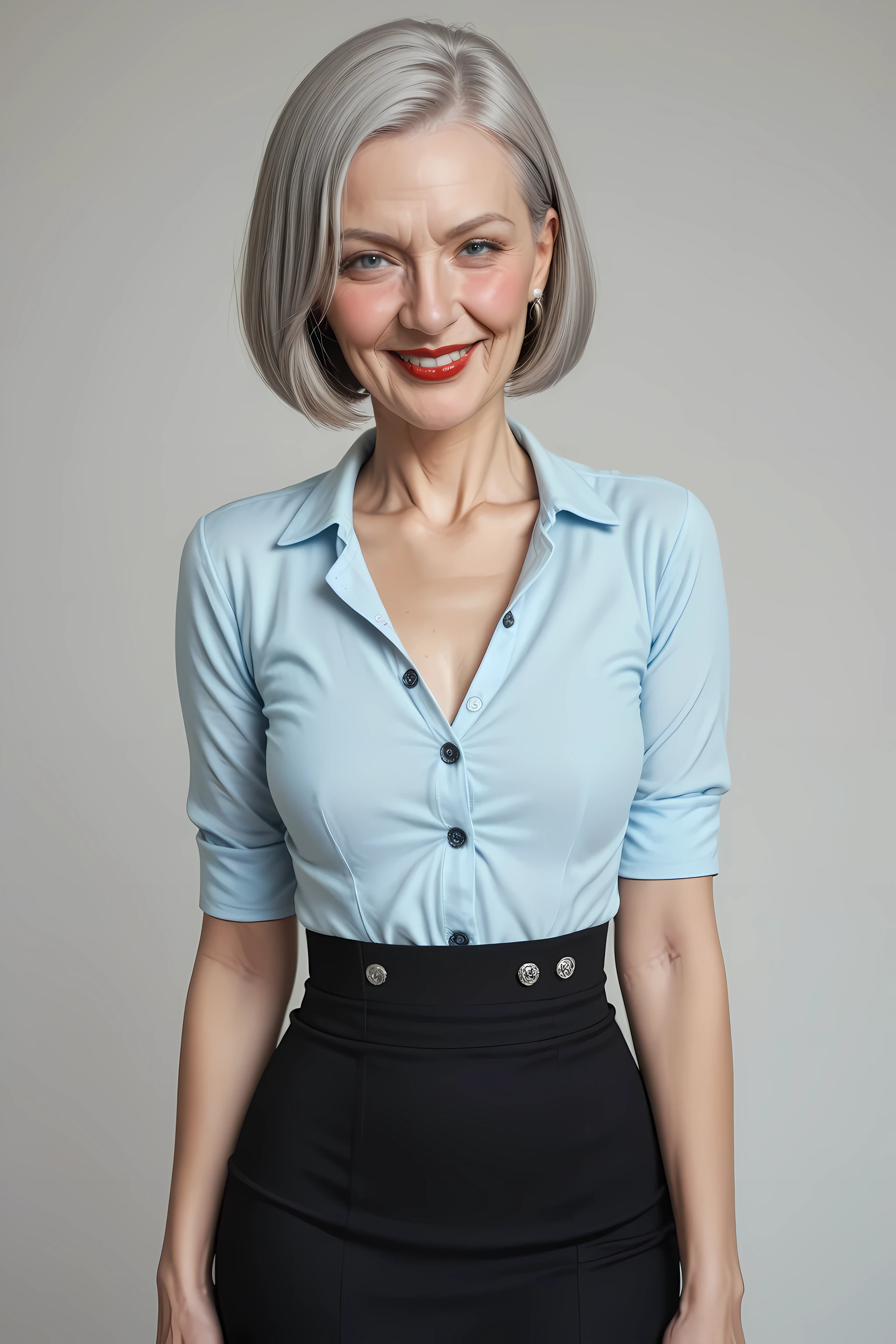score_9, score_8_up, score_7_up,, blackskirt, erika christensen, light blue button up shirt, bob cut gray hair,elderly waomn_flatchest_frail_small, warm grin at viewer_blushing, hands by side, red lipstick