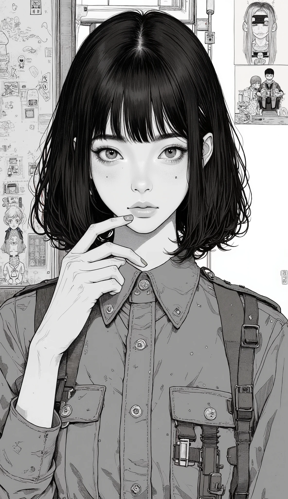 Japanese Manga Collage、Taiyo Matsumoto 、 manga frame split、 comic cover、short sauvage hair、Cartoons of women working in the military、Army uniform、black hair shortcut、full bangs、 Bold Composition 、black and white、 screen tones 、