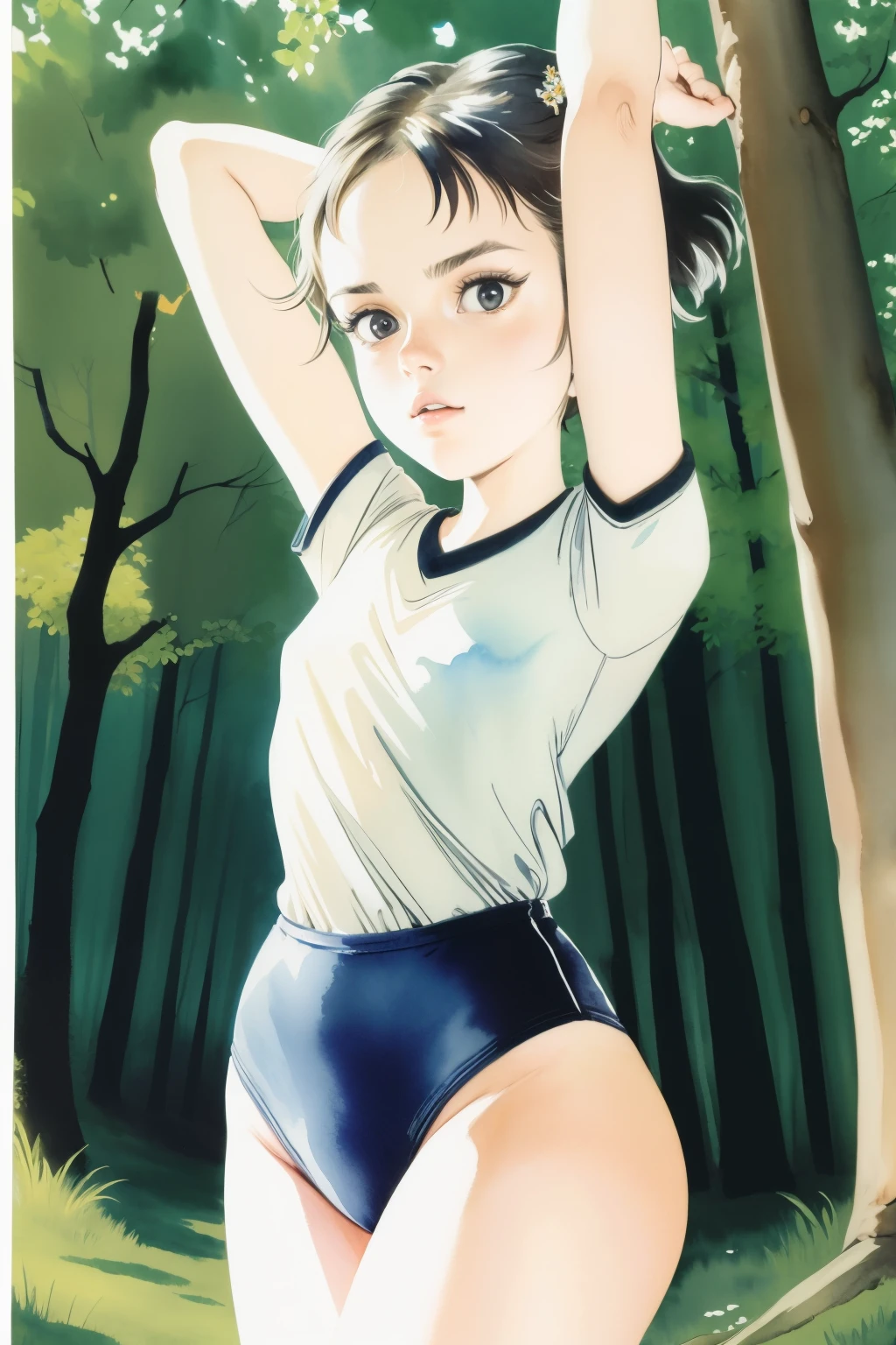 (masterpiece, best quality), 1girl, petite, loli, slim, wearing a Black gymnastics bloomers, High leg、white blouse, cowboy shot, in dark forest, serious, watercolor