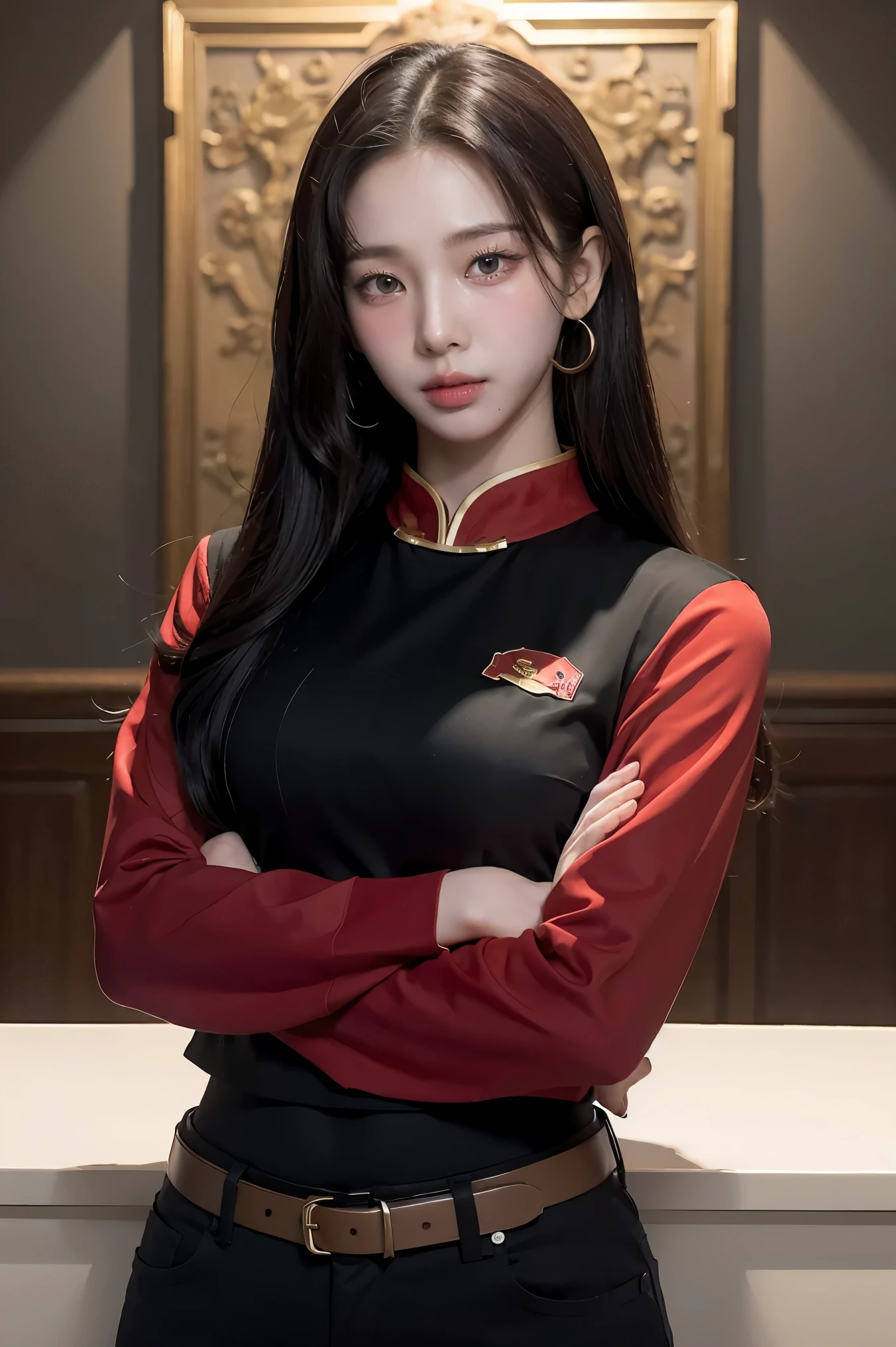 (masterpiece), best quality, expressive eyes, perfect face, 1girl, long black hairstyle, Chinese combat outfit which has a red shirt and black pants, standing on the cloud,