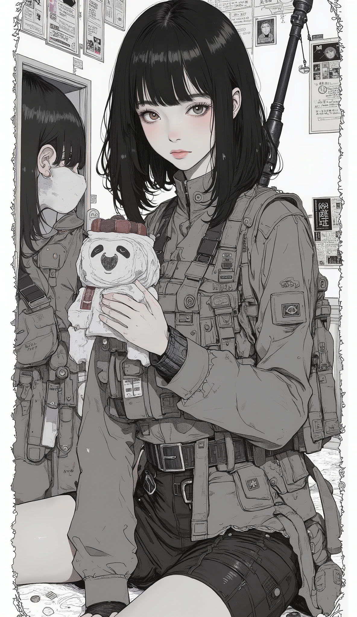 Japanese Manga Collage、Taiyo Matsumoto 、 manga frame split、 comic cover、dynamic poses、Cartoons of women working in the military、Army uniform、black hair shortcut、full bangs、 Bold Composition 、black and white、 screen tones 、