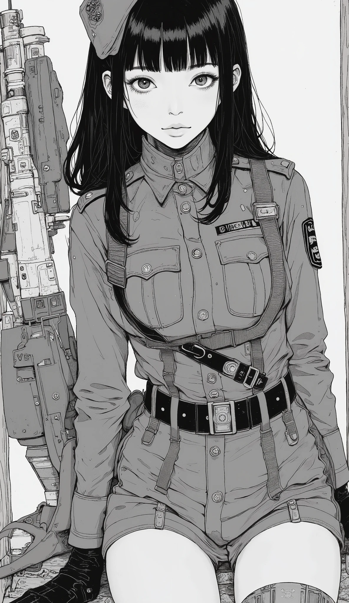 Japanese Manga Collage、Taiyo Matsumoto 、 manga frame split、 comic cover、dynamic poses、Cartoons of women working in the military、Army uniform、black hair shortcut、full bangs、 Bold Composition 、black and white、 screen tones 、