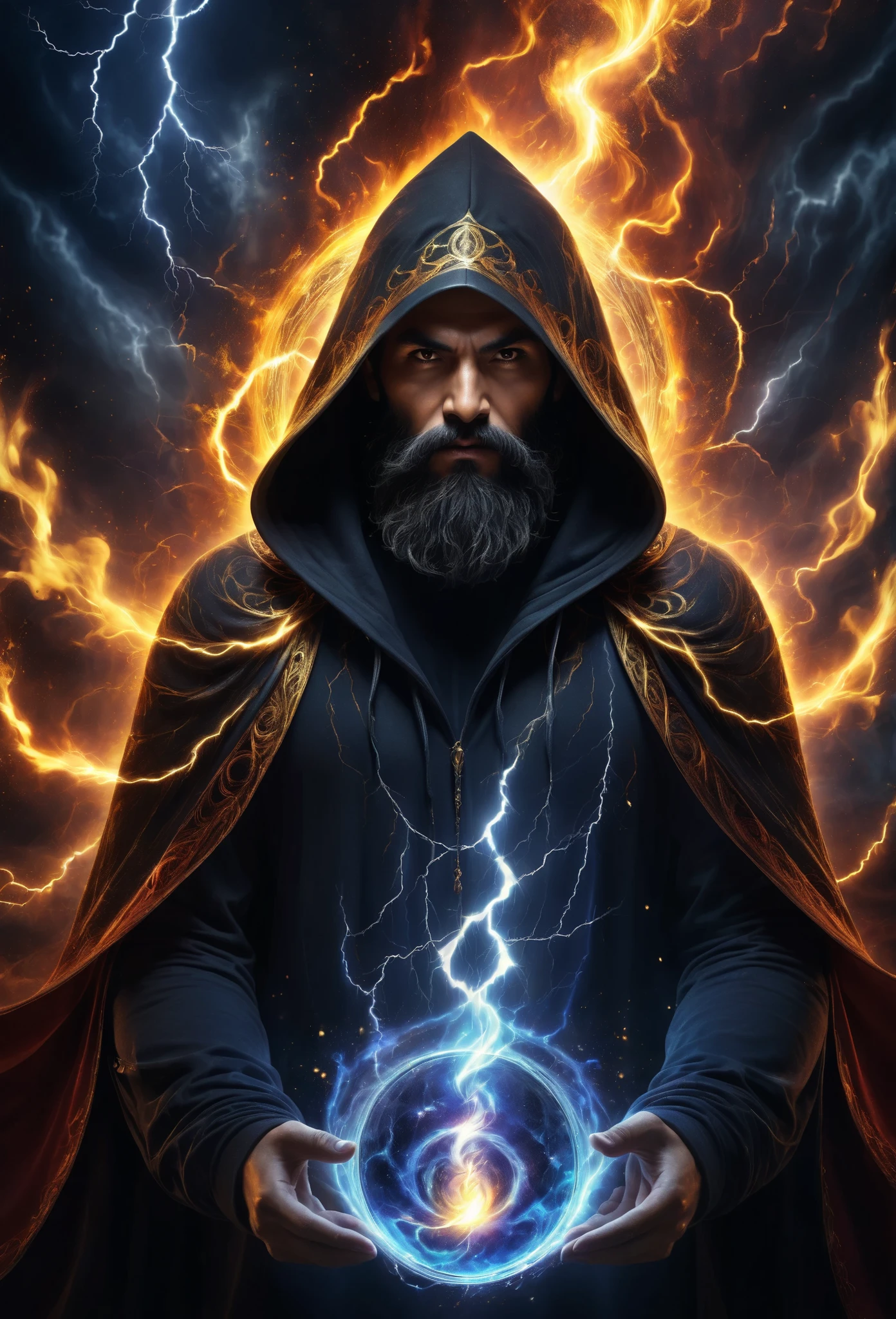 astrologer, Dark face, monstrous face, long beard, lightning eyes, dark hoodie cape, dark aura, opened the book of magic, Ethereal, four elements mixed, high resolution art photographic, digital processed image, superdetailed, contract, 8 k, dramatic light, surrounding, circular fiery background