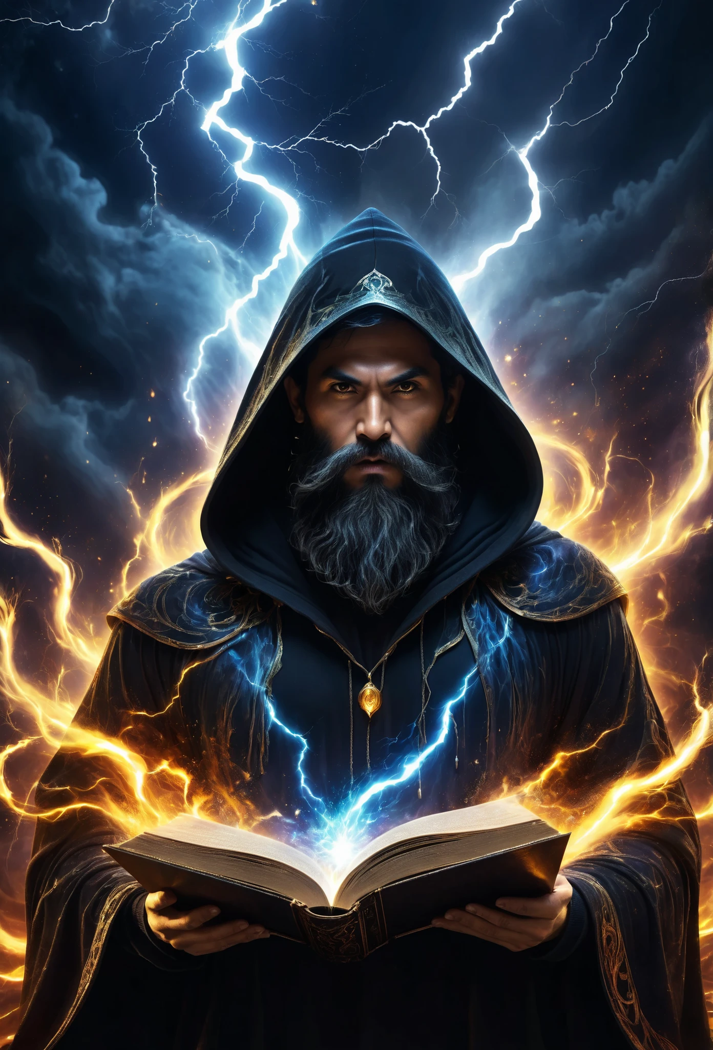 astrologer, Dark face, monstrous face, long beard, lightning eyes, dark hoodie cape, dark aura, opened the book of magic, Ethereal, four elements mixed, high resolution art photographic, digital processed image, superdetailed, contract, 8 k, dramatic light, surrounding, circular fiery background