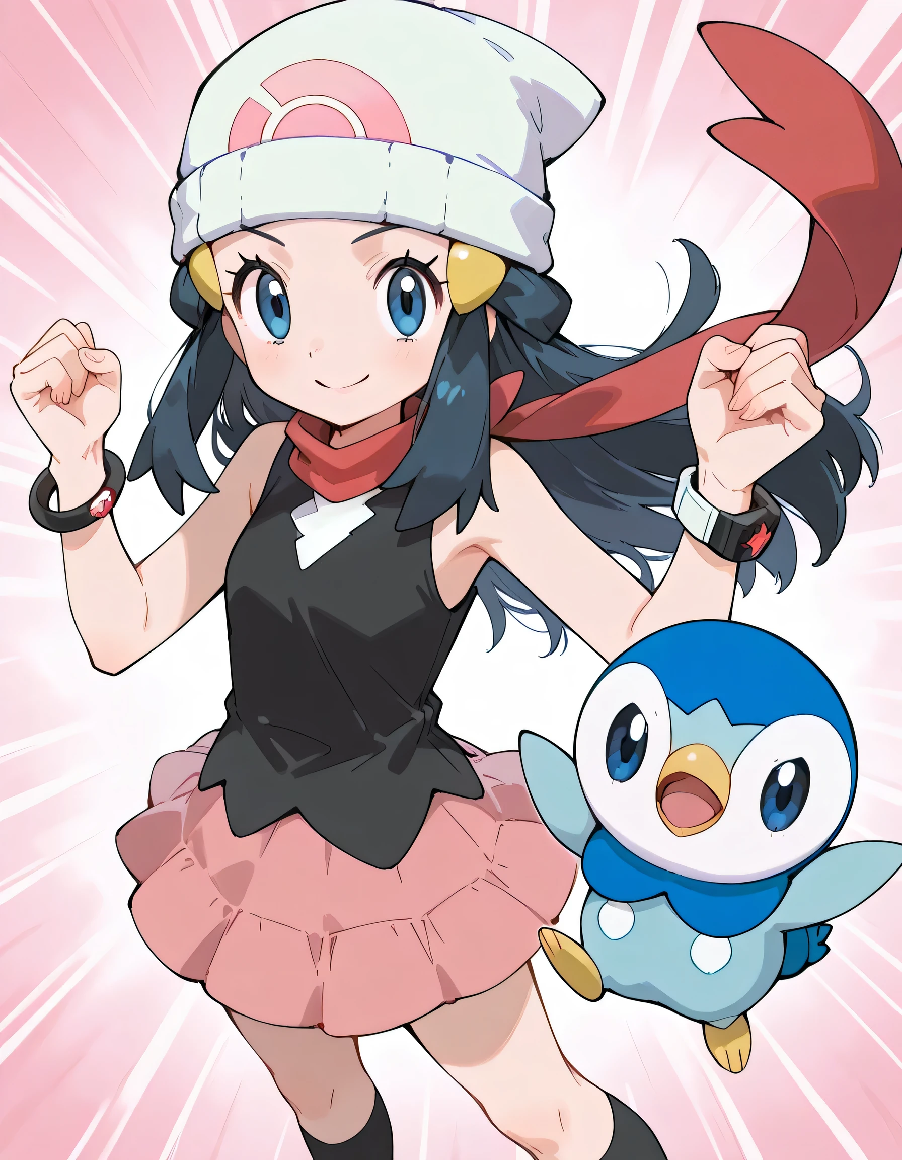 (dynamic angle,dynamic happiness pose),(looking at viewer),Alone,14years old,happiness smile,natural cosmetic, Pokemondawn, Pokemon dawn, black hair, blue eyes, sidelocks, long hair,
bare shoulders, beanie, black shirt, black socks, bracelet, hat, jewelry, kneehighs, miniskirt, pink skirt, red scarf, scarf, shirt, skirt, sleeveless, sleeveless shirt, white headwear,I am the star:1.3,(flat color beautiful Pokemon monsterball background),memorial shot+,Nostalgic scene,with Piplup(Pokemon),