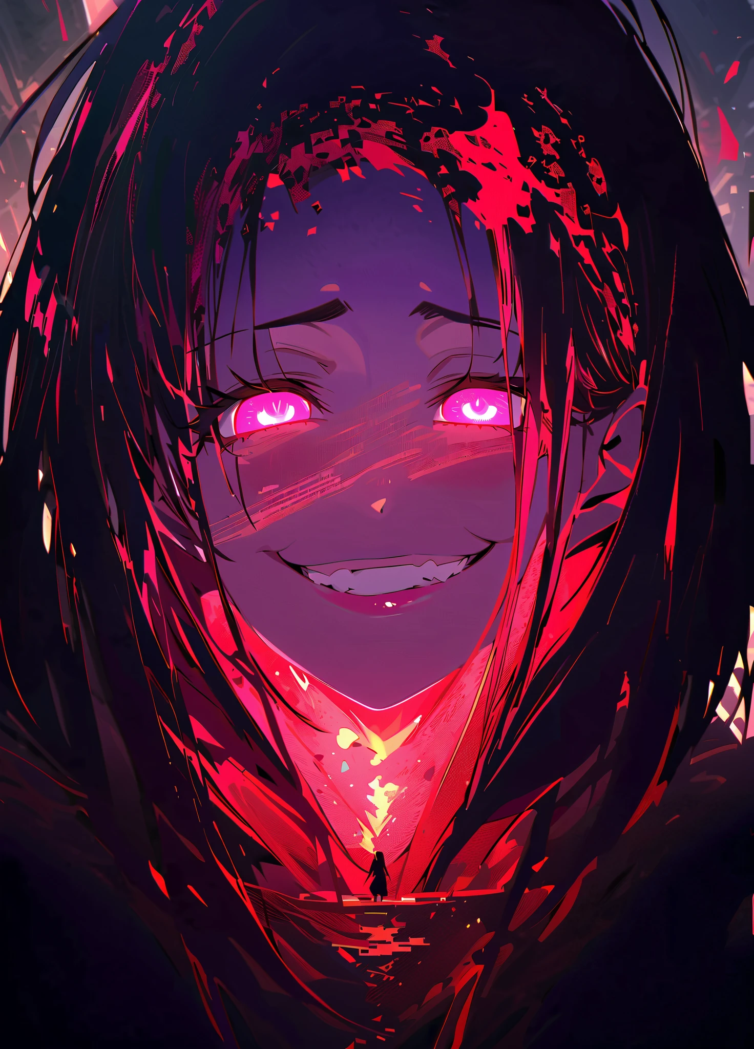 (Highest quality、Super detailed)、Silhouette Art、one woman、Alone、Close-up、crazy smile、Gothic Priestess、、Glowing Wireframe、Oil、Mode、Bioluminescent Arc、glitch art、 floral 、 Mosaic art 、 super high definition 、absurd、Double Exposure、BREAK score_9、 score_8_up、 score_7_up