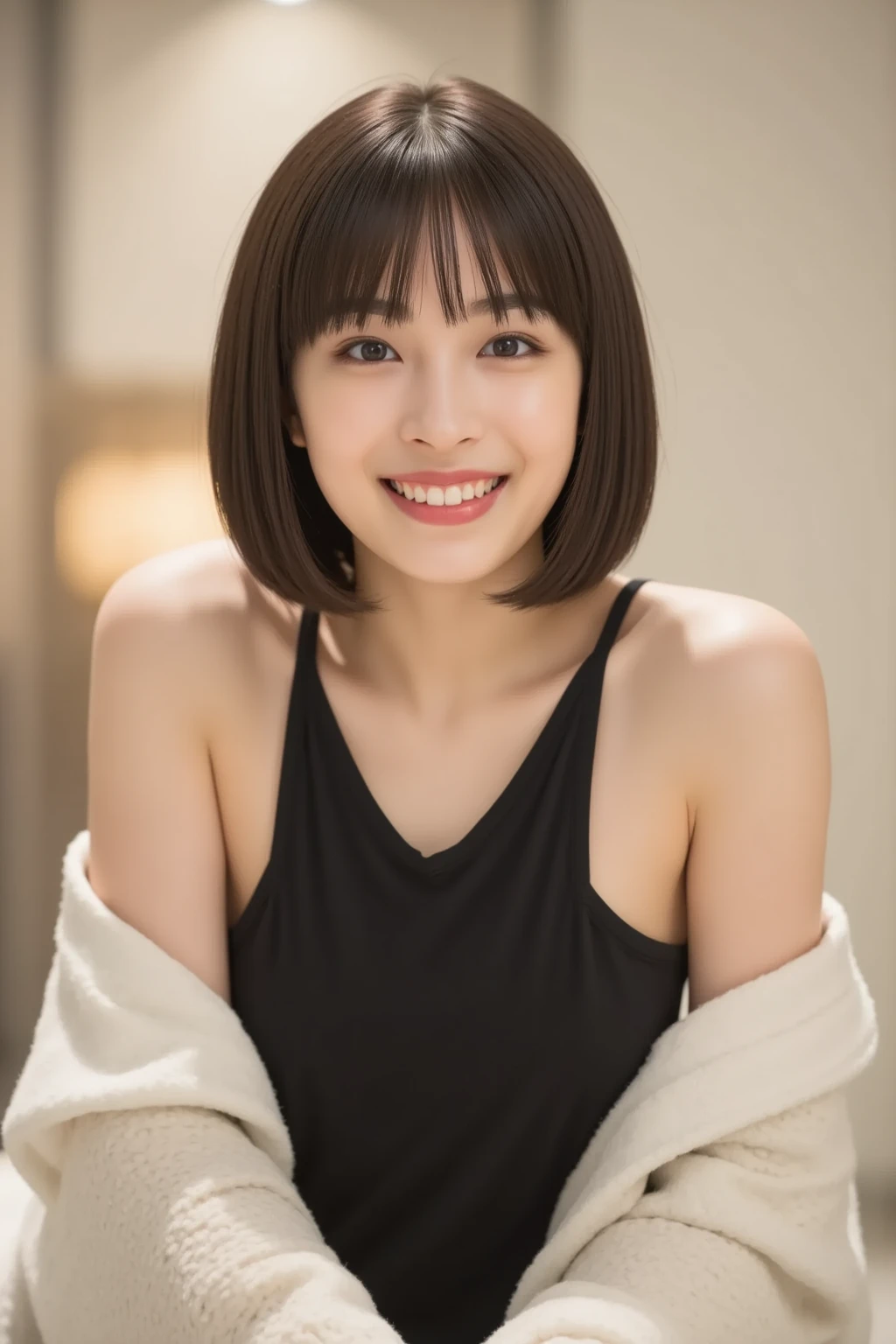 One Girl, (beautiful girl, Delicate girl:1.3), (s old:1.3),
break, (Black background background:1.2),
break, Shy laugh, Very beautiful eyes, (Symmetrical eyes:1.3),
break, (Big Breasts:1.3), T-Shirts, Brown eyes, Parted bangs, Brown bob cut hair, Round face, cute,
break, (Eye and facial details:1.0),
break, (masterpiece, Highest quality, Very detailed, Detailed face, 8k)