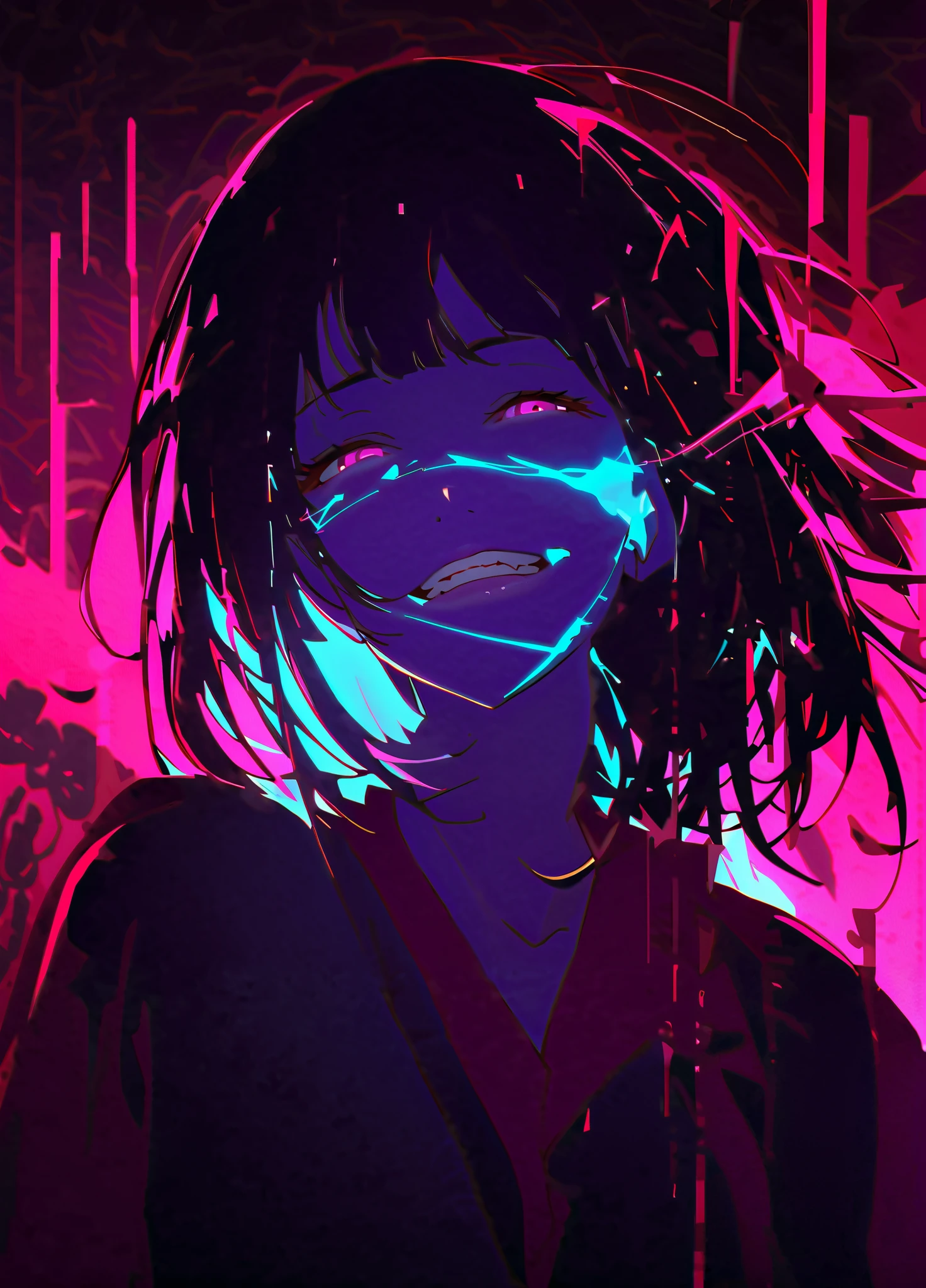 (Highest quality、Super detailed)、Silhouette Art、one woman、Alone、Close-up、crazy smile、Gothic Priestess、、Glowing Wireframe、Oil、Mode、Bioluminescent Arc、glitch art、 floral 、 Mosaic art 、 super high definition 、absurd、Double Exposure、BREAK  score_9、 score_8_up、 score_7_up