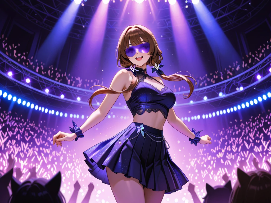 Highest quality、High resolution、Detailed Background、(Beautiful face in every detail:1.4)、Anatomically correct、(Detailed facial expressions)、(Detailed eyes:1.2)、Beautiful women in their 20s、(Highly detailed face:1.4)、(Huge breasts:1.2)、Cute hair colour、Braided long hair、Wavy Hairstyle、well-groomed eyebrows、Cute Eye Makeup、Cute Lip Makeup、Perfect body line、party、Excited、Uplifting、A big smile、smile、
(Beautiful woman dancing in a holographic laser dress under the lights:1.5)、Dance to the rhythm with relaxed steps to impress.、Eyes that everyone admires、Bodycon Dress、Color is black or red、Navy etc.、It's also a good idea to incorporate glamorous details such as lace and metallics.、Add subtle accents with necklaces, earrings, rings, etc.、very beautiful