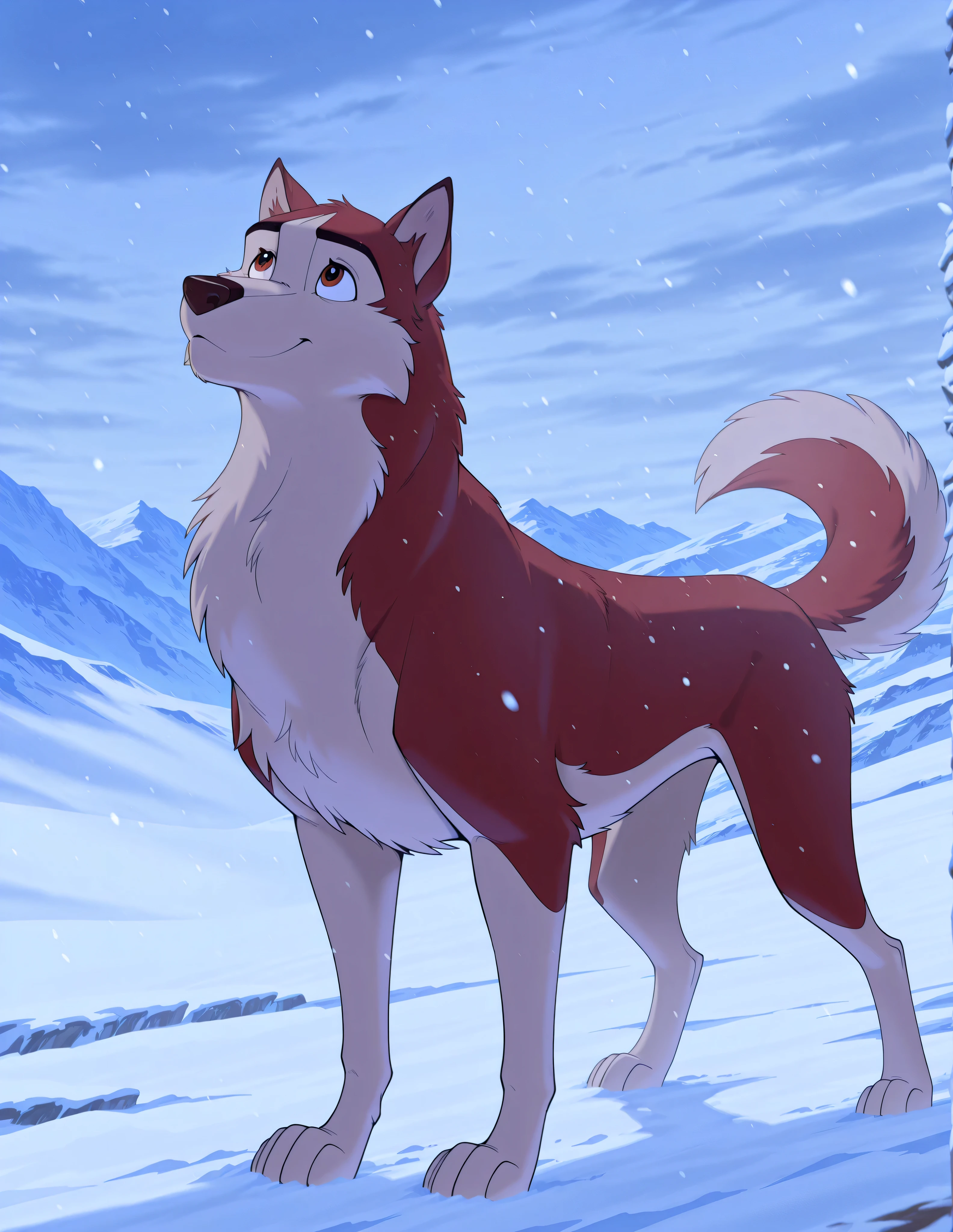 score_9, score_8_up, score_7_up, source_furry, source_furry, Kodiak, husky, solo, feral, full body, looking up at the sky, happy, snowing, mountains, Alaska location, ice, masterpiece, best quality, amazing quality, absurdres, newest, high res, ultra detailed, best quality, best artwork, detailed eyes, (eyes focus), perfect eyes, big iris, pupils visible, 4k, ultra quality, perfect face