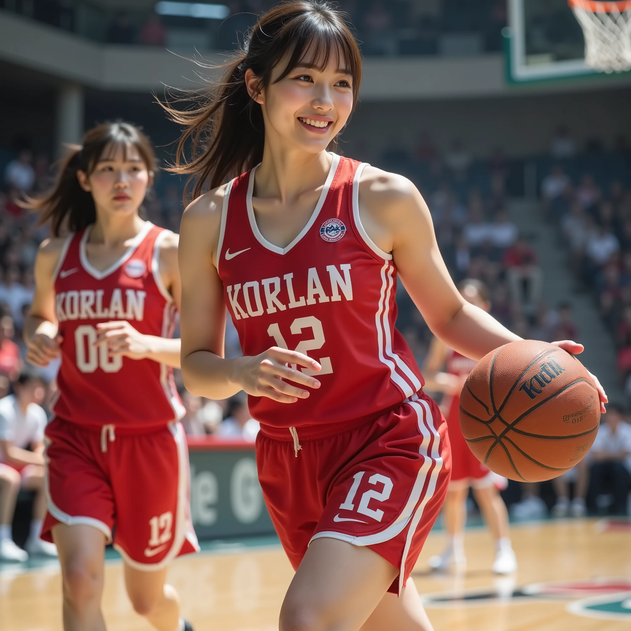 『1 Japanese girl:1.3』『real photo:1.3』Highest quality:1.2、((big breasts))、has a slight cleavage、((young 20 year old woman ))、『is showing off my teeth and laughing:1.9』、(((anatomically correct、Perfect Anatomy、anatomically correct指)))、slender body,realistic, Highest quality, super high definition, RAW photo, (Curvy body)、full body,look and smile like idols,During a basket game,shooting system with a basketball,Other players under the goal,wearing red basketball uniforms,short white socks and white basketball shoes,The background is a gymnasium with enemy players,I'm sweating,Healthy, beautiful legs, so that the whole body fits