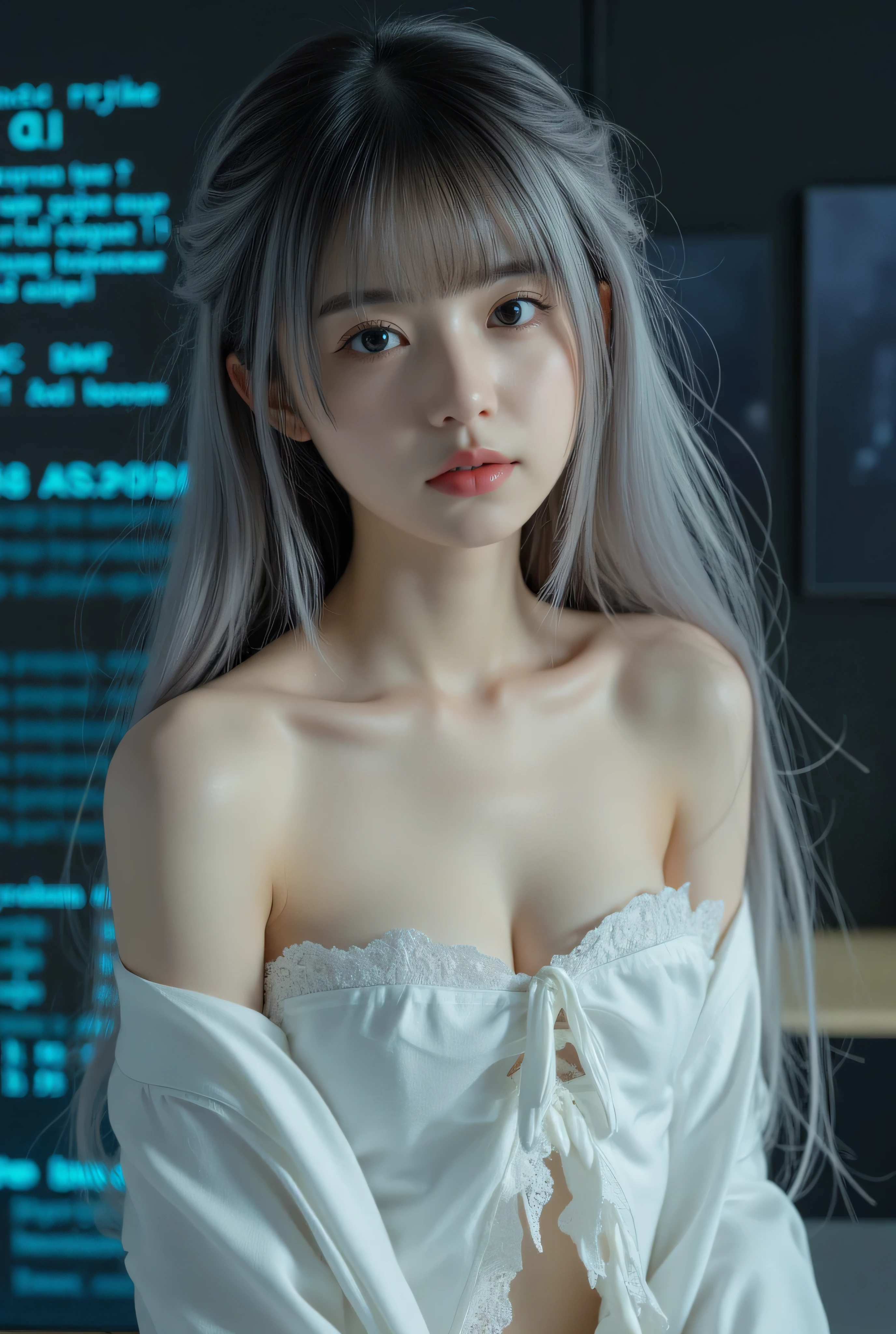 ( masterpiece:1.2, excellent quality, Mirror Finish ,Movie experience),8k, wallpaper, ray tracing,(woman), nude, トップレスのwoman、Baby-faced Japanese , medium sized young and beautiful bust , Can you see hard, pointed, and upturned nipples, Skin that shines brightly with lotion applied to bare skin、 wear traditional Japanese kimonos without feeling uncomfortable with completely naked skin, Off-shoulder kimono with open front , data displayed on goggles without any sense of incongruity on the face, Japanese with detailed display of goggles , detailed face, beautiful skin, Beautiful silver hair, Server crash , lots of data written on the skin , The background is a wall of data, glossy lips, Pictures of fully naked upper body,