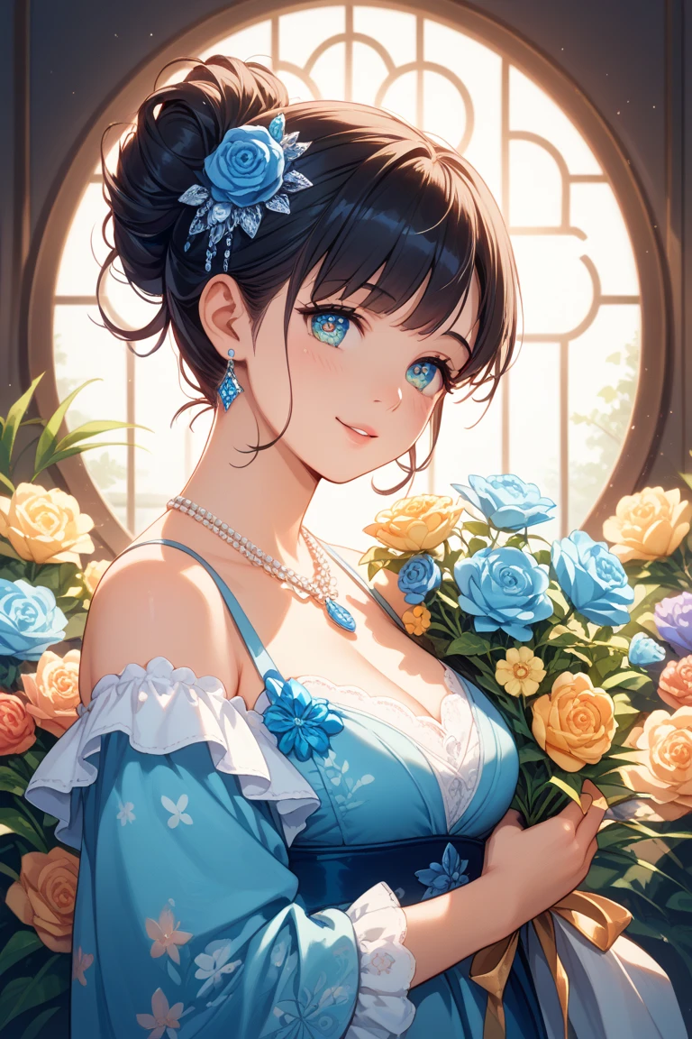 ((top-quality、8k、​masterpiece:1.3))、japanes、26 year old、voluptuous woman、1girl in、(Slender figure:1.2)、brown haired、bob cuts、hyperdetailed face、Detailed lips、A detailed eye、double eyelid、(huge-breasted:1.4)、Kamimei、((blue undergarments))、((A smile))、I'm drooling、hotel、Pleasant face