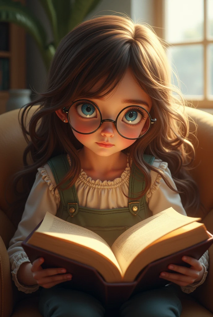 Eight year old child, cartoon style, ultra relist, curly brown hair, reading a book, room full of toys in the background, with children's dress, --auto --s2