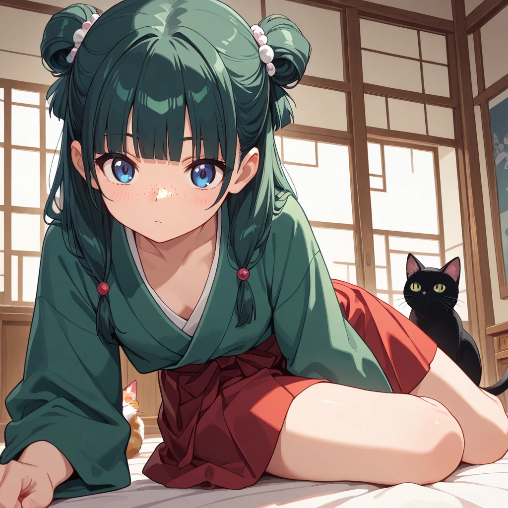 (Masterpiece, High Quality, Top quality, High-Detailed, Detailed CG, Cinematic Shadow, Cinematic Scene, Beautiful Detailed Eyes, Ultra Resolution, Depth of Field, High Resolution, Masterpiece: 1.2), Anime art style, Very detailed, Dynamic Angle, Teen Style, Detailed Green Hair, Detailed Blue Eyes, Slim Body, Cat Ear, Sparkling Eyes, Sparkling Detailed Eyes, Hair Accessory, Earrings, Slightly Blunt Bangs, Looking at the Audience, (Blush Expression:1.2), (Angry Expression:1.2), (Dark Green Hair), (Chinese Style Lingeries), (Chinese Underwear), (Chinese Flower Pattern on Lingeries), Lingeries, Underwear, Purple Eye, Five Fingers, Good Composition, Arms, Thighs, Small Breasts, Small Size Breasts, Blur Background, Chinese Architectures