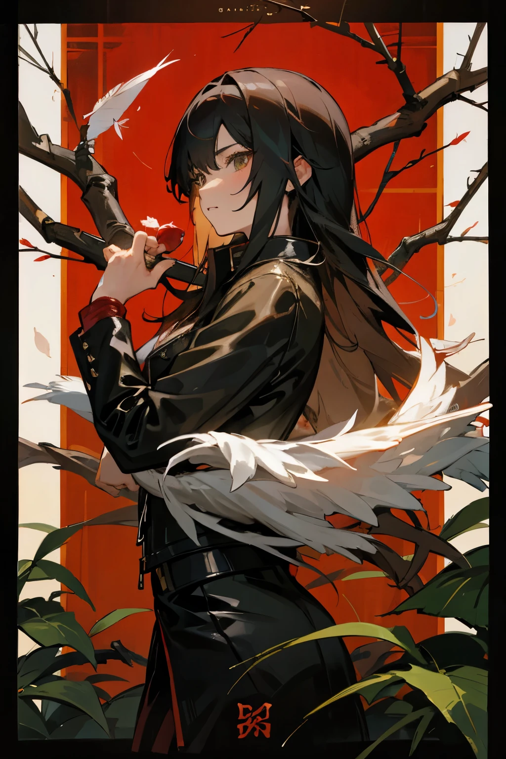 Emo Chen , rose bush , dragon ,heart,Feather,wing,[branch, A long-haired girl with a sword in her hand is half-naked and wearing a leather jacket ， Man's Face Behind 