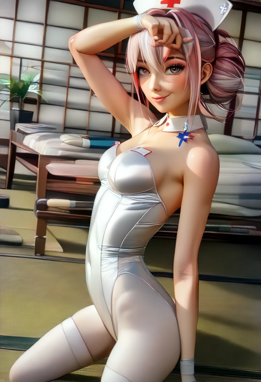 girl、、Pink、Swimwear、one piece、whole body。blue eyes、White Hair、With a smile、Functional、Seductive pose、front、Looking back diagonally、noon、Outdoor、garden、Beach、Play。