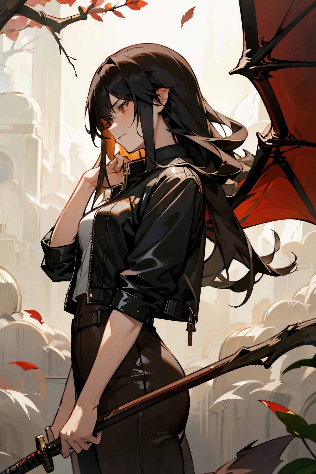 Emo Chen , rose bush , dragon ,heart,Feather,wing,[branch, A long-haired girl with a sword in her hand is half-naked and wearing a leather jacket , Man's Face Behind