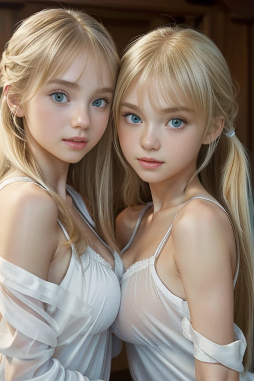 (masterpiece, best quality:1.4), (8K), Young blonde beauty, (((2 girls in love, 18 years old, neat girl))), detailed blue eyes, long eyelashes, blush, kind smile, horny, upper body, topless, small ass, slender thin legs, (looking at viewer), beautiful blonde hair, white-skinned, (side bangs), pigtails, squeezing, on top of each other, groping (small breasts), (mushroom forest, celestial forest, beautiful and magnificent pink sunshine, majestic sky), natural light)