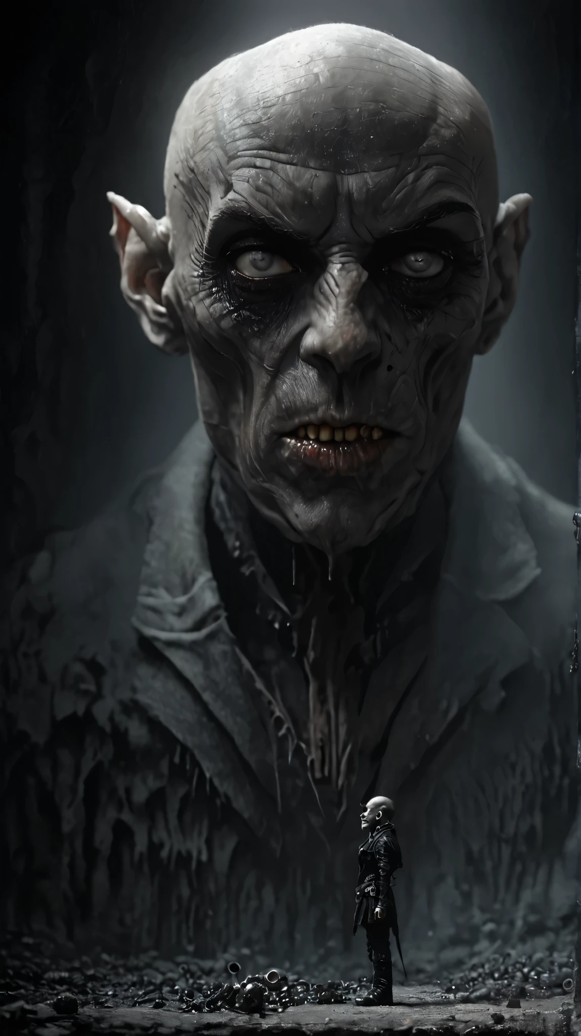 dancing, ugly man with warts on his face , Deep-set eyes gray skin, a tuft of hair comes out of your bald head, no nose, very wrinkled face