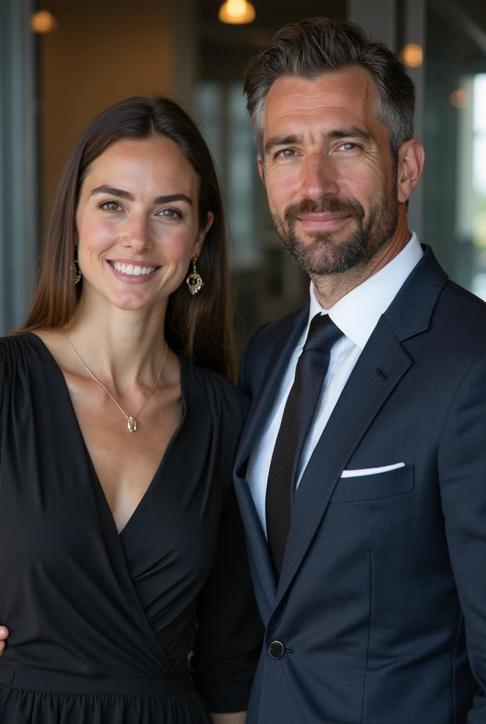 hetero couple, 40 years old, with brown hair, a black blazer and white blouse and black pants, mens wedding rings, Presidential Inauguration Ceremony hiquality, with a wedding rings, olhos verdes, olhos azuis, light smile, light brown hair, (hyperrealistic), light smile, Realism, Canon, Nikon, 85mm, pov, multiple views, first-person view, highres, HD, 4K, best quality, high details, textured