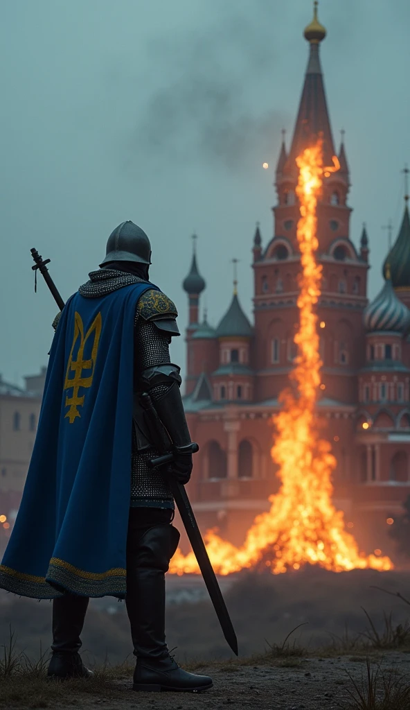"An image of a Ukrainian soldier standing in front of the burning Kremlin, holding the head of Putin in his hands, proudly displaying the Ukrainian yellow and blue insignia on his shoulder."