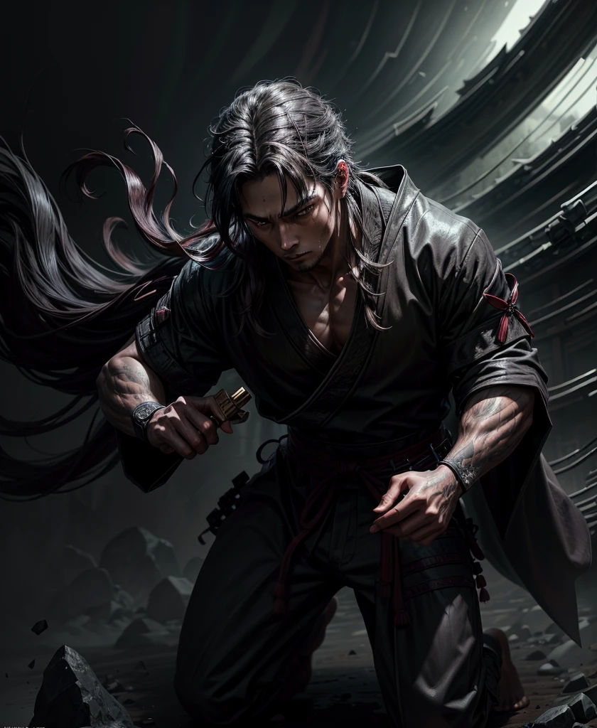 1 male, teacher, wearing black shirt, rolled up sleeves, black long pants, black hair, very messy long hair, face to detail, detailed eyes, bright red eyes, hood, the background is space in china. In a fighting position. Silver chains everywhere. Holding a sword standing. attractive, eye reflection, depth of field, thunder aura, cinematic lighting, ray tracing, depth of field, cinematic lighting, ray tracing, UHD, high details, best quality, highres, high quality, award winning, super detail, masterpiece, 8k, UHD, high details, best quality, highres, high quality, award winning, super detail, masterpiece, 8k, digital art, anime coloring, full body, back shot, good face, perfect face, detailed face, good eyes, in a fighting position, holding a sword.