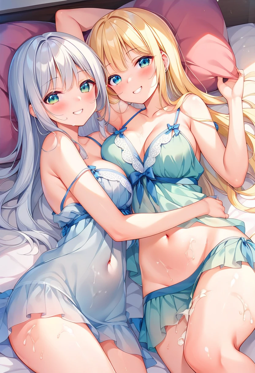 (NSFW:1.2),High resolution, (An illustration: 1.3), anime、((highest quality)), (Super detailed), (On a cute hotel bed:1.3)、(blue ribbon on head、two young sisters、alice in wonderland costume:1.4),white and transparent skin、colorful blonde long hair, BREAK (face close-up,breast grab,female masturbation:1.4), (yuri,kiss,cunnilingus,pussy juice,wet:1.3)