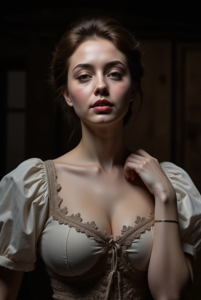 ultra detailed beautiful picture of (ohwx woman) dressed as a vicotrian era woman, white thin dress and long hair, cleavage, flat breasts, by artgerm and wlop, hyperdetailed photorealism face, victorian era background, octane render, unreal engine 5, highly rendered, extreme detail, intricate, masterpiece, smooth, sharp focus, illustration, beeple, cinematic lighting, regency era, royal, slim body, 40kg