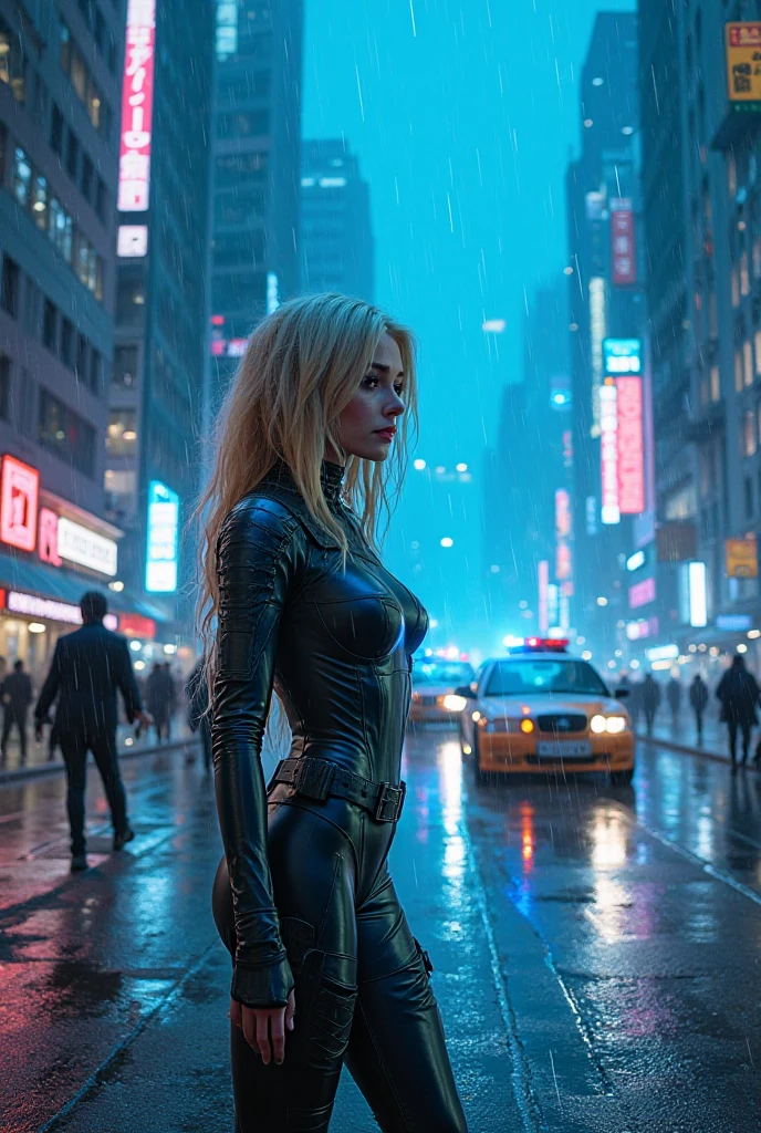A beautiful European girl, on the roof of cyberpunk building, neon, serious face, wearing purple medieval dress, jewelry, cleavage, full body. She is 24 years old, has blond ponytails and blue eyes. Her cloth is stylish and her overall appearance is stunning. The girl's face is extremely detailed with beautifully detailed lips. Her skin is anatomically correct with realistic textures. The image should have super high details and be of the best quality, with a resolution of 8K. The final result should be a masterpiece, showcasing the girl's beauty and the vibrant atmosphere of The neon cyberpunk city and the night