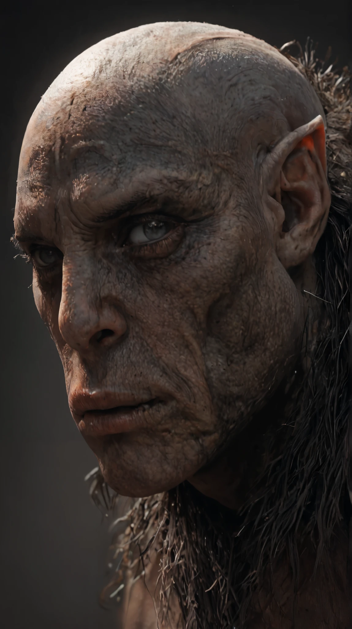 dancing, ugly man with warts on his face , Deep-set eyes gray skin, a tuft of hair comes out of your bald head, no nose, very wrinkled face