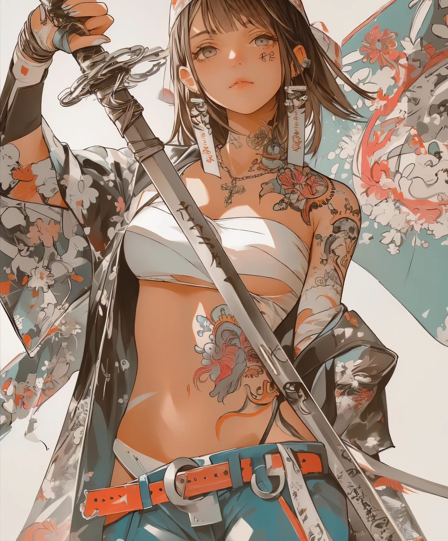 Got a Tattoo on His Arm 、 sword, anime art with beautiful details, very pretty cyberpunk samurai , Detailed Anime Artwork , beautiful anime artwork , inspired by Shirou Masamune , Portrait of, anime style 4k, anime style art, anime art wallpaper 4k , Anime Art Wallpaper 4K, anime character; Full Body Art