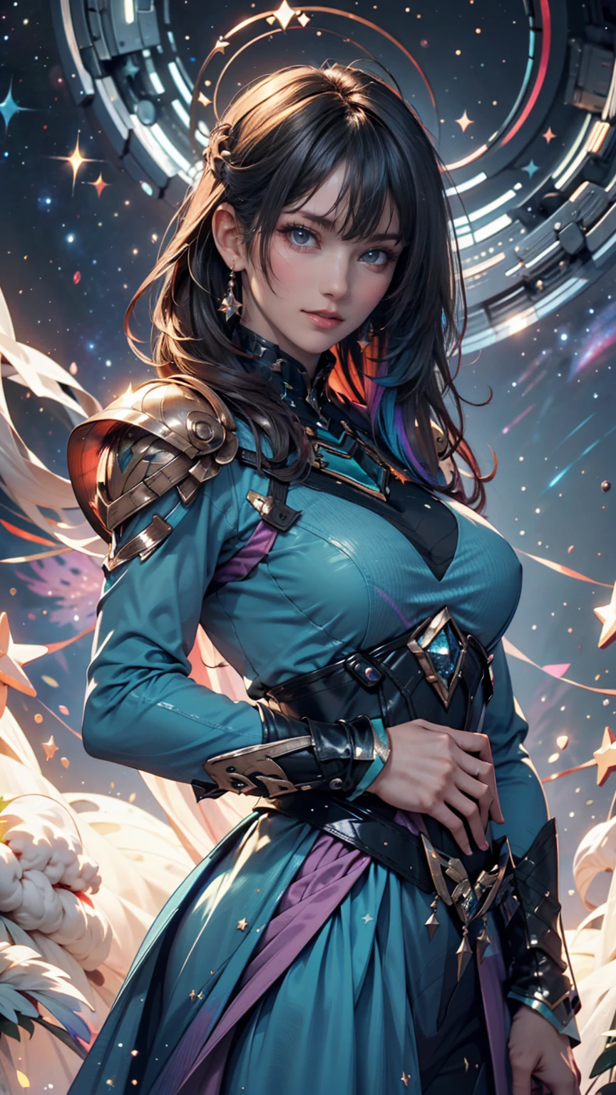 (Detailed Description,Unbelievably absurd,High resolution,8k wallpaper,masterpiece,Highest quality,Regional Depth),((女性universe飛行士:1.5)),(universe服),Large Breasts,whole body,background:universe,cockpit,universe船,meteor,milky way