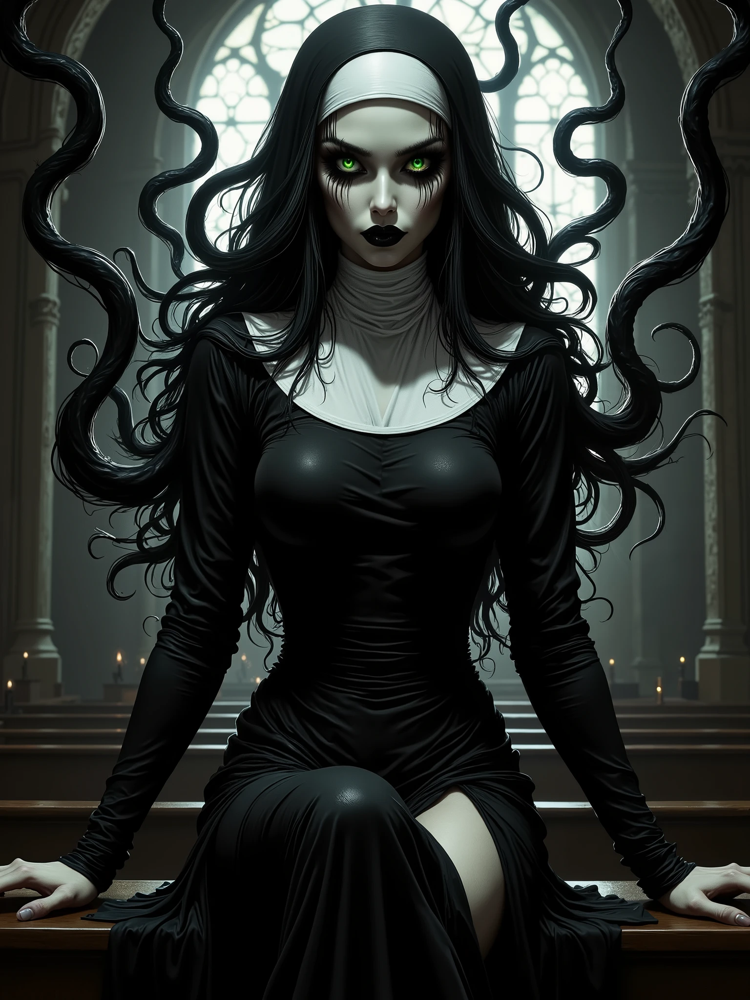 Illustration of a woman in her 30s, long straight black hair, model face, full body rounded by black tentacles made of dark shadows, big green eyes, thick black lips, Extremely Pale Skin, Exuberant and very large breasts, sexy nun's clothing with a neckline and slit on the skirt. Sexy pose leaning on a bench in a dark church with a sinister-looking appearance.