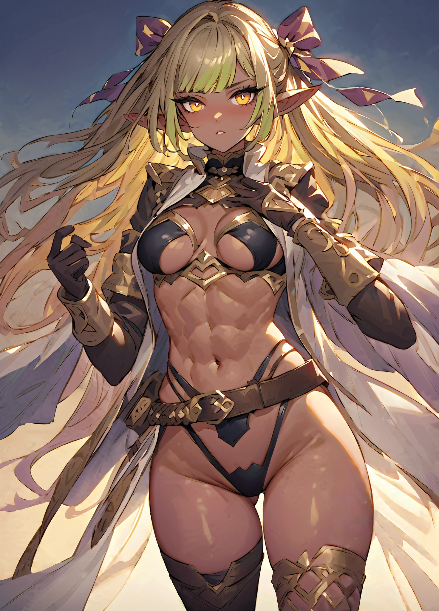 1 girl, high quality, (short hair), forehead, (medium breast), (straps on thighs:1.3), white background, plants, (stocking), (sweaty:1.1), (nipples:0.8), thick thighs, (middle Ages:1.2), (cameltoe:1.1), bikini, (cyborg:1.2), armor, white hair